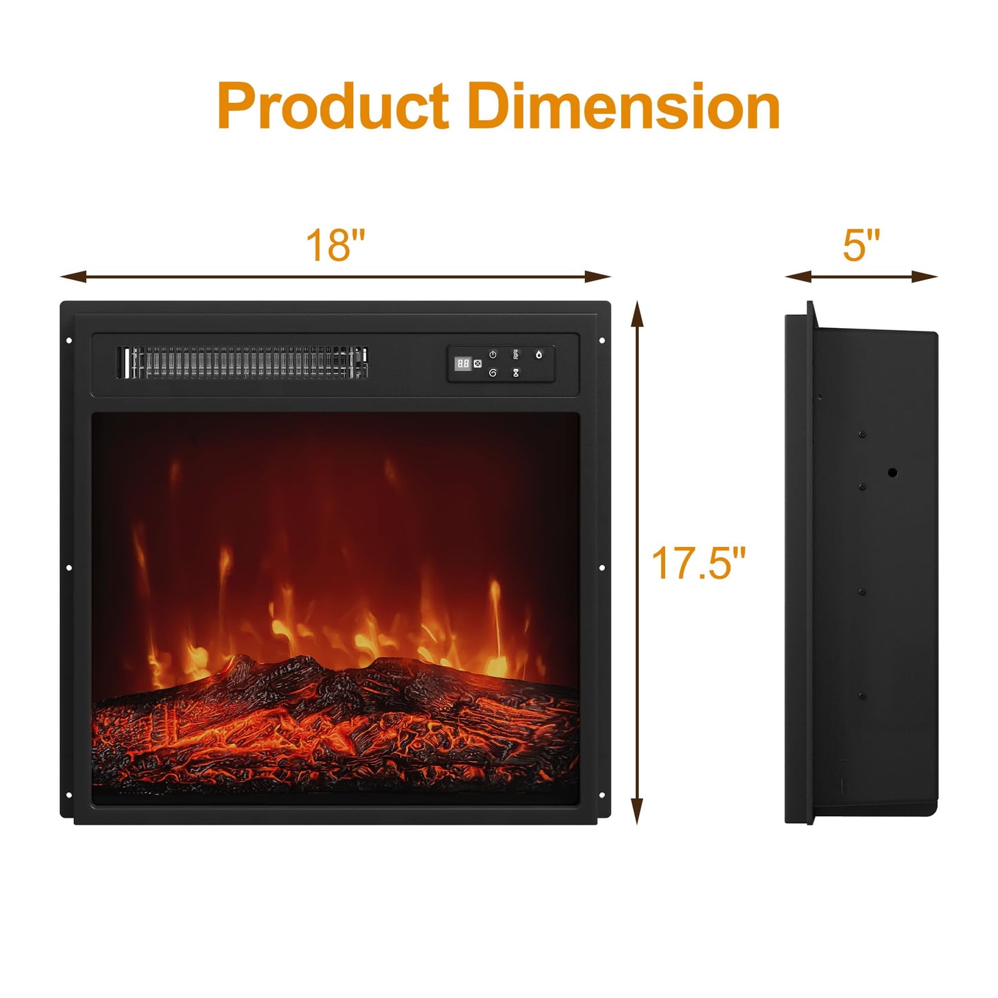 Mayincolor 18" Electric Fireplace Insert, Recessed Fireplace Heater with Remote Control, Small Heater with Low Noise, Adjustable Temperature, 8H Timer, Adjustable Flame Brightness, 110V/1500W, Black