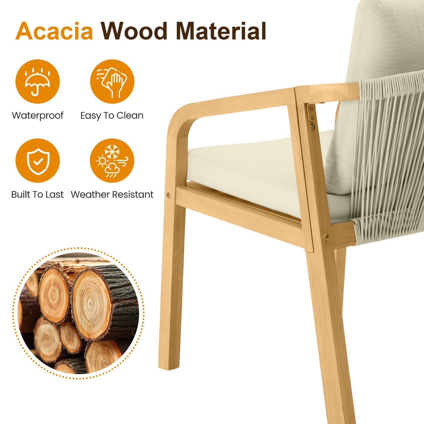 Heynemo Acacia Patio Dining Chairs Set of 6, Outdoor Wood Dining Chairs with Thick Cushions, Modern Patio Chairs with Woven Rope Backrest for Porch, Backyard, Garden, Indoor, Beige