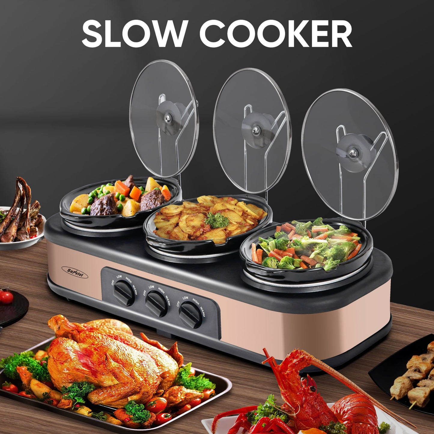 Royalcraft Double Slow Cooker, 2 Pot 1.25 Quart Oval Crock Food Warmer Buffet Server, Stainless Steel