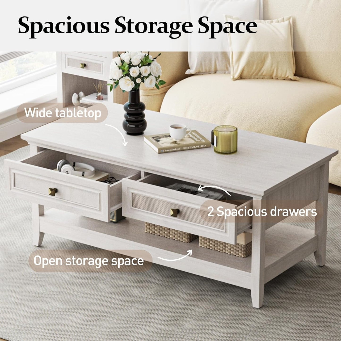 Superjoe 44" Rattan Farmhouse Grey Table with 2 Drawers, Boho 2 Tier Tea Table, Accent Center Sofa Table with Storage Shelf, Grayish White