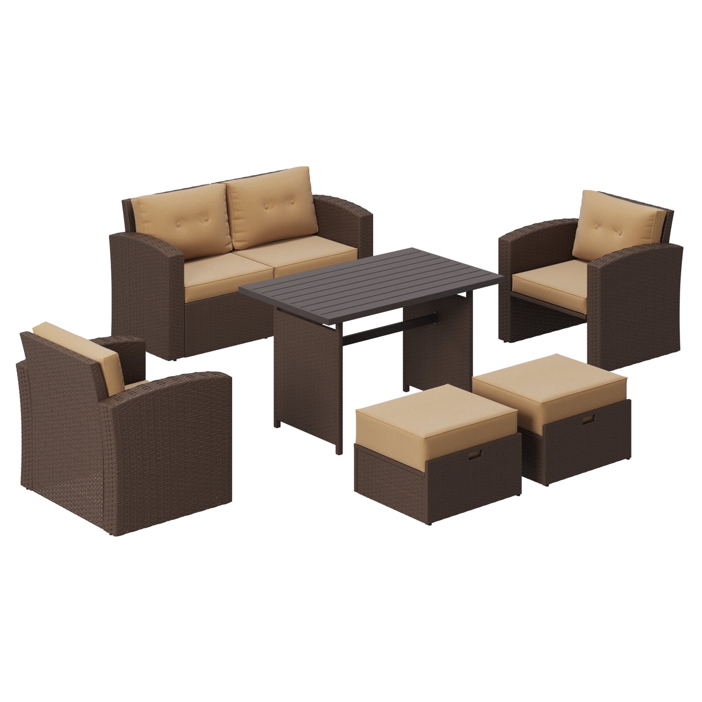 Royalcraft 7-Piece Patio Furniture with Waterproof Outdoor Coffee Table, Lightweight Aluminum Frame, Ergonomic Design, All-Weather Wicker Rattan, Non-Slip Cushions, Brown Wicker and Beige Cushion