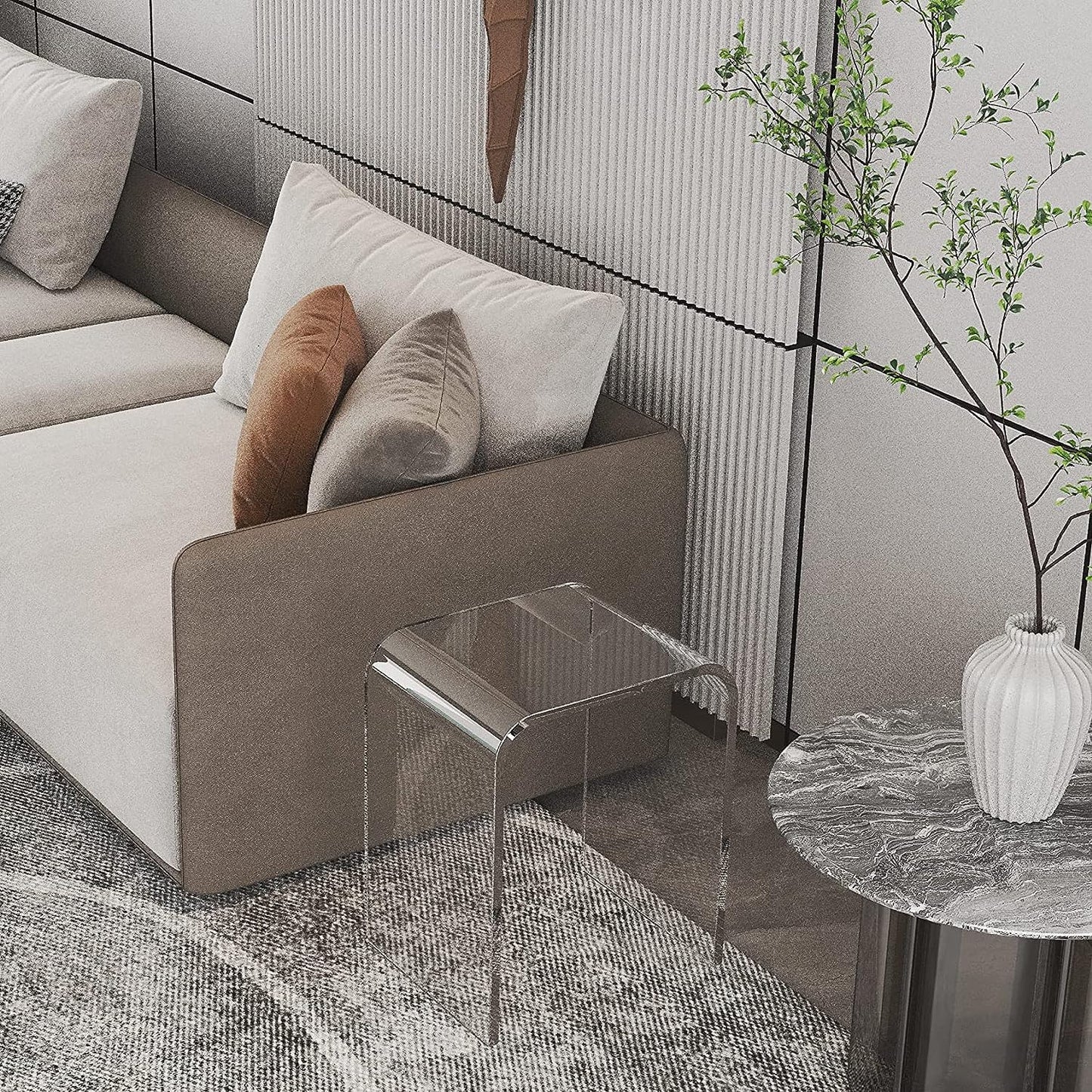 Royalcraft Acrylic End Table, Modern Lucite Side Table with Waterfall Edges, Contemporary Square Nightstand and Stool for Living Room and Bedroom, Clear