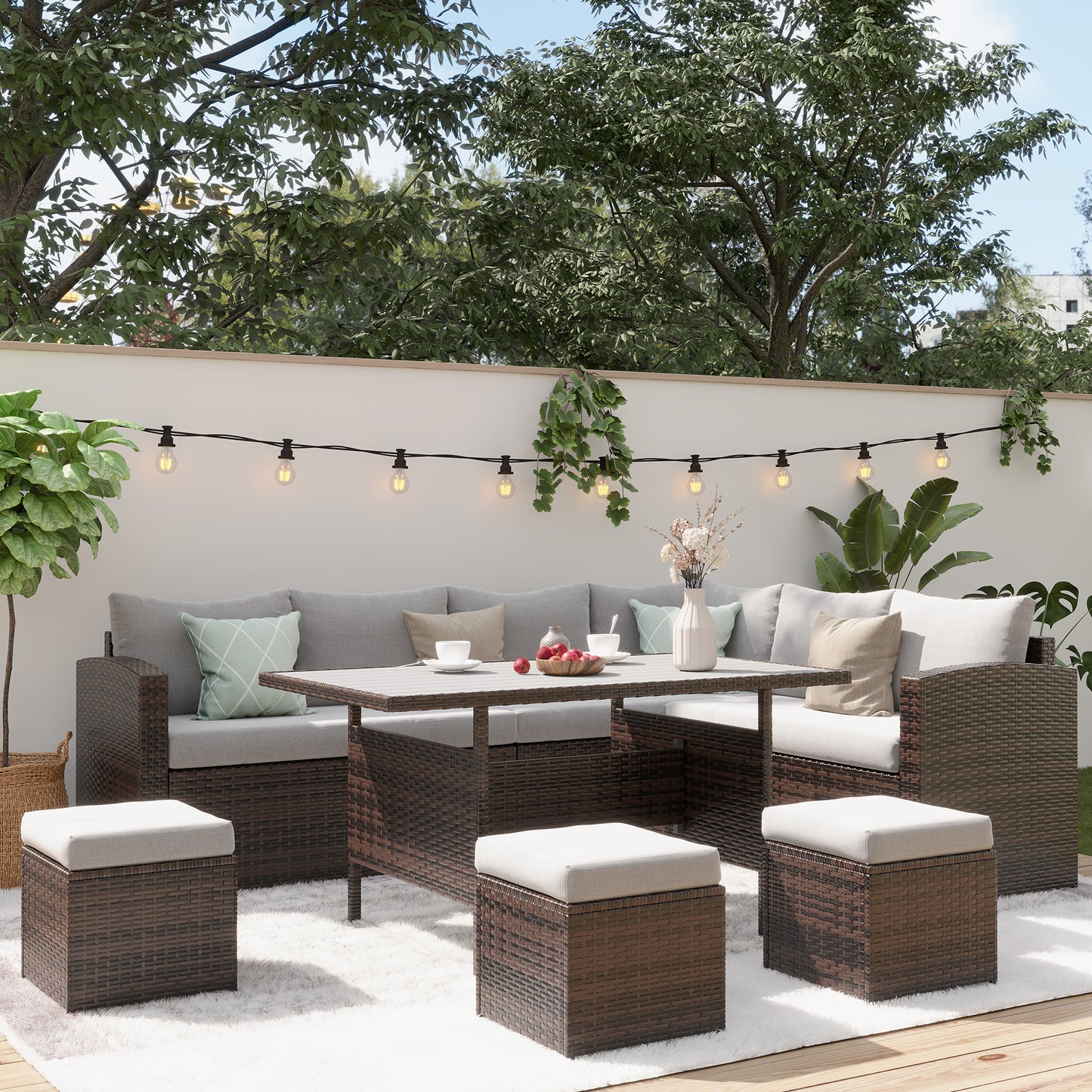 RoyalCraft 7 Piece Outdoor Patio Furniture Set with High Curved Back Sofa, Dining Table & Ottomans, All-Weather Wicker Sectional Conversation Set, Grey