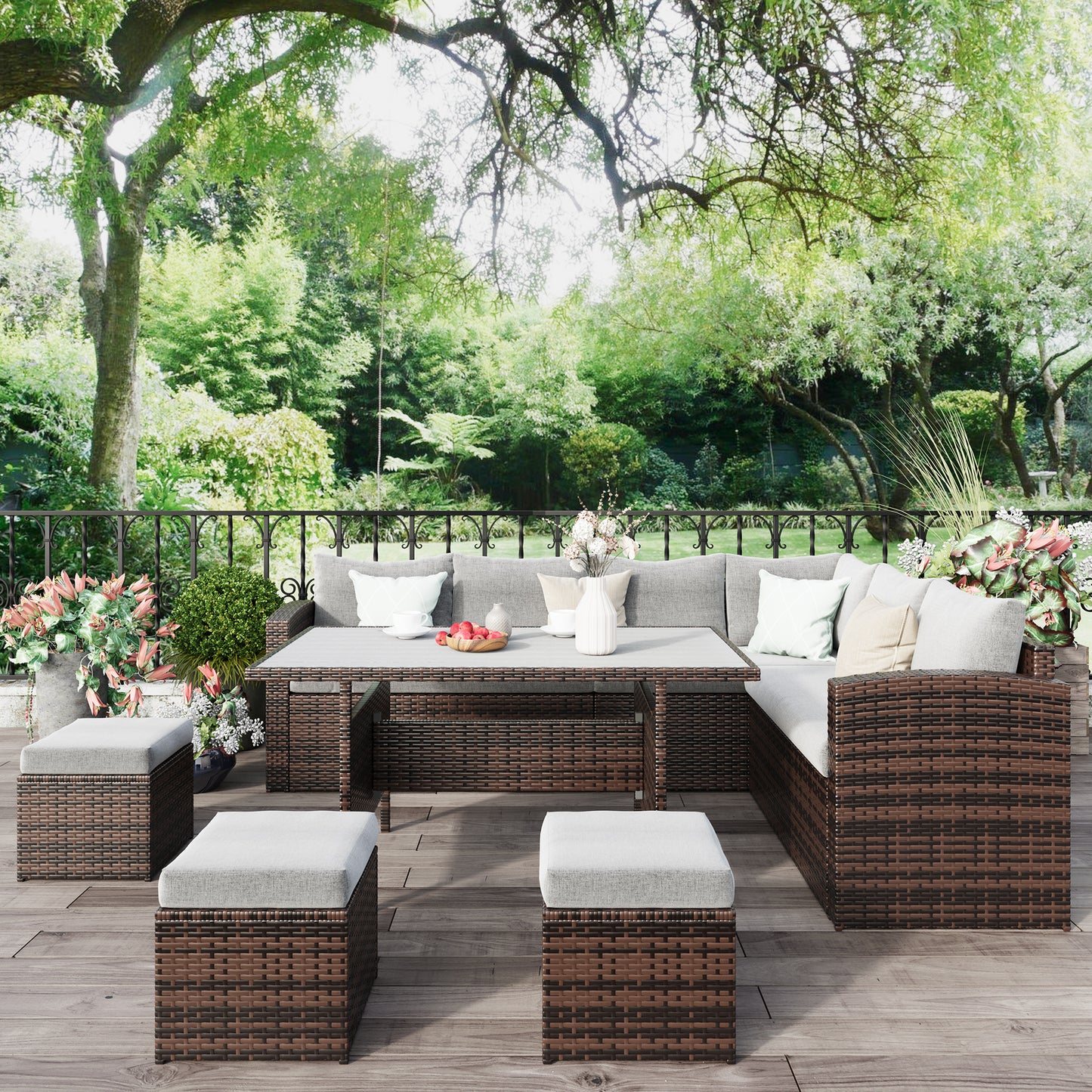 RoyalCraft 7 Piece Outdoor Patio Furniture Set with High Curved Back Sofa, Dining Table & Ottomans, All-Weather Wicker Sectional Conversation Set, Grey