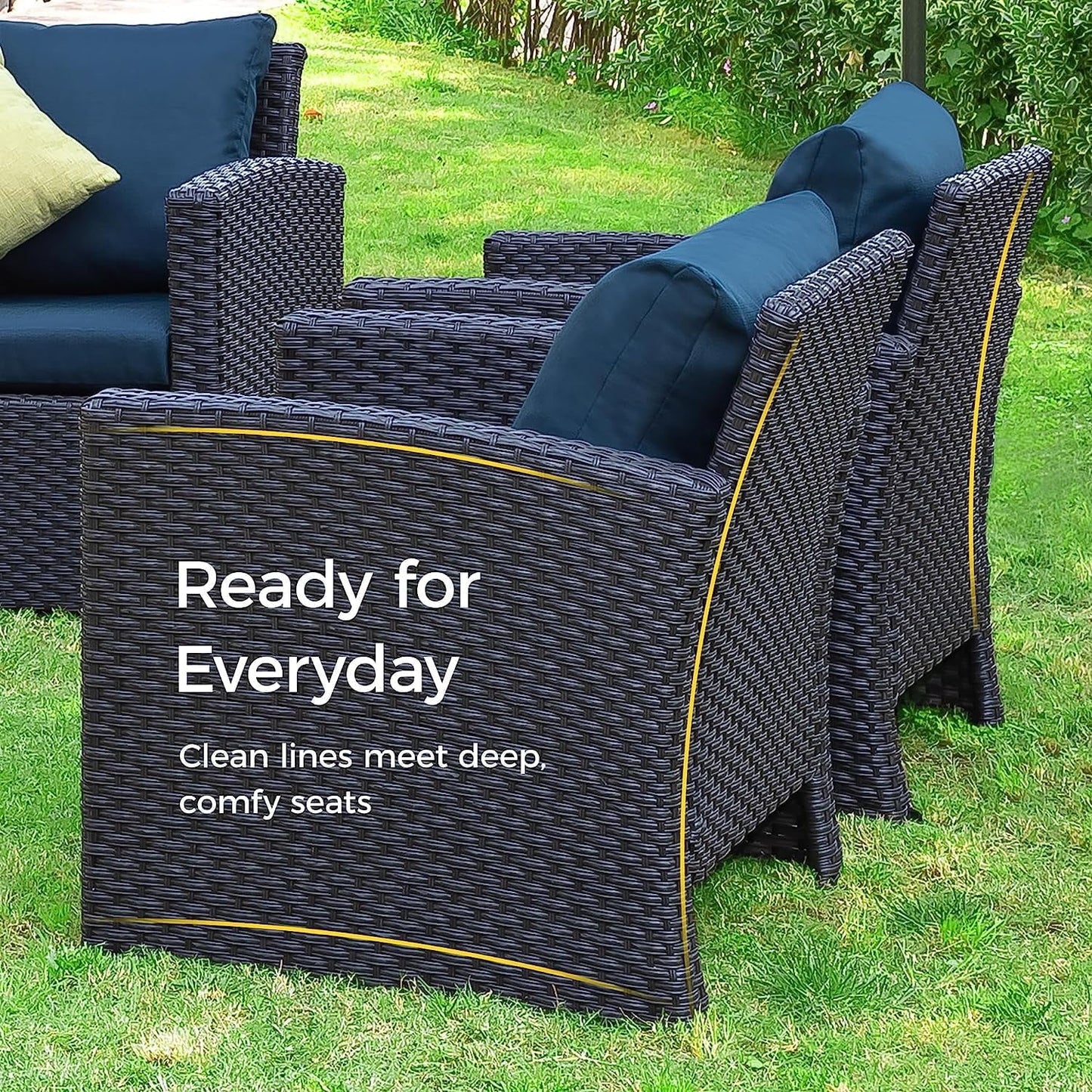 Royalcraft 9 Pieces Patio Furniture Set, All Weather PE Wicker Rattan Outdoor Sectional Sofa with Coffee Table and Navy Blue Cushion, Outdoor Furniture for Lawn Backyard Poolside Porch