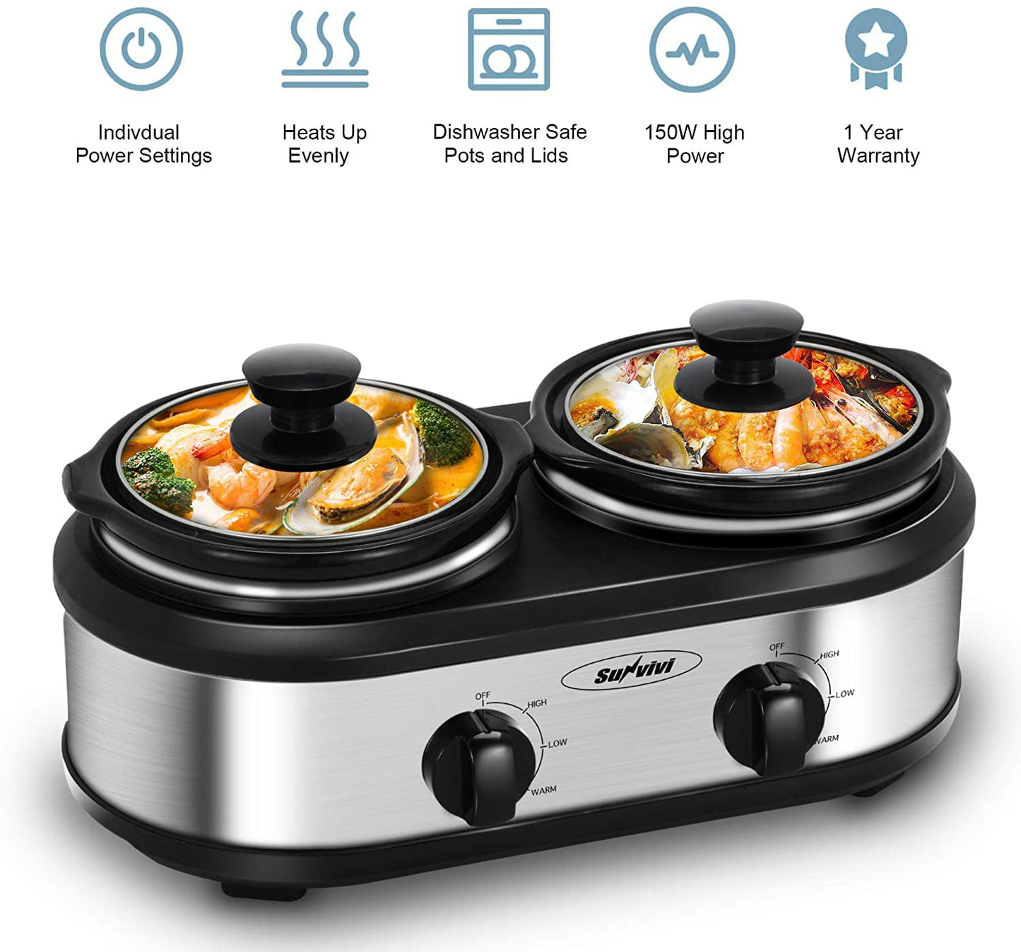Royalcraft Double Slow Cooker, 2 Pot 1.25 Quart Oval Crock Food Warmer Buffet Server, Stainless Steel