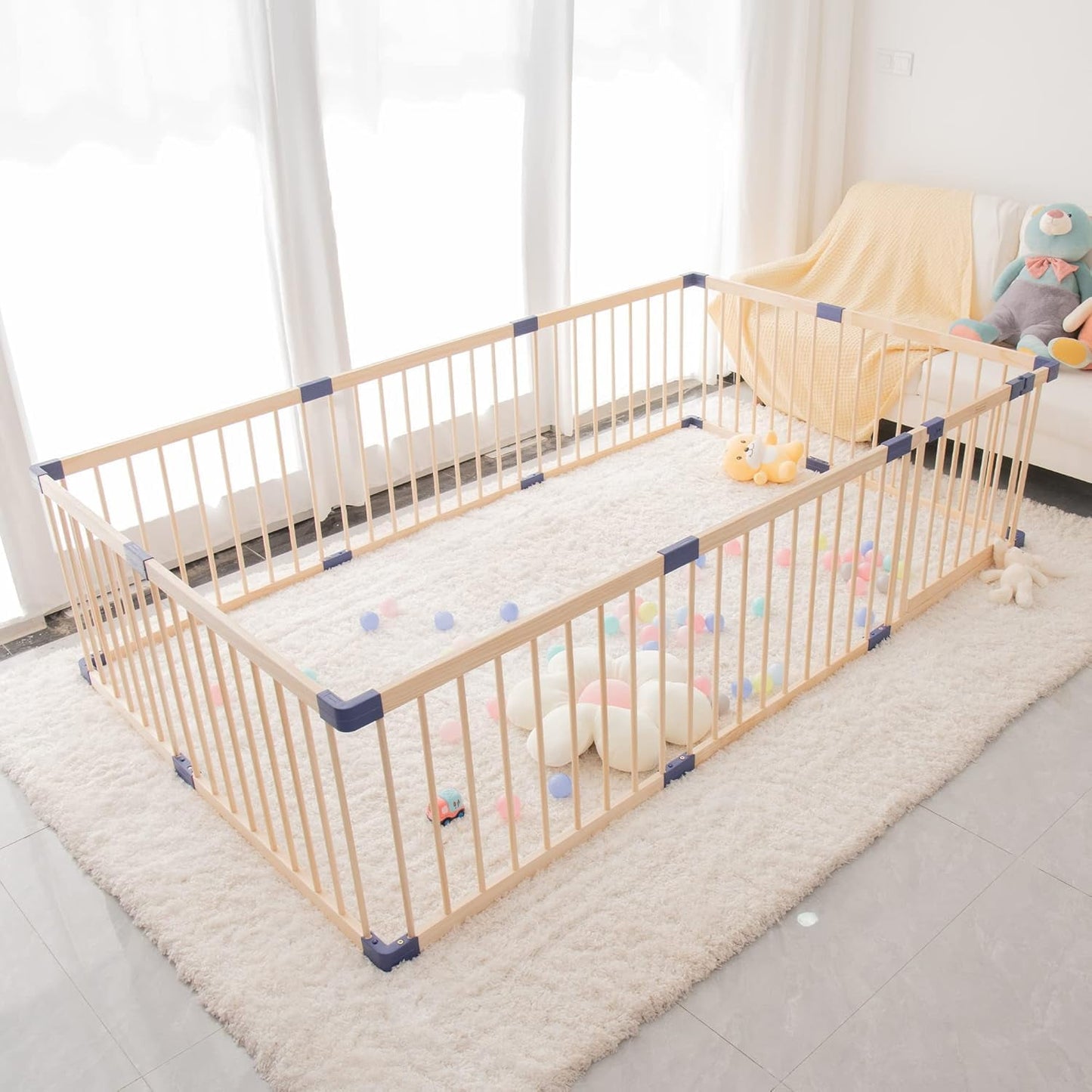 CozyHome Baby Playpen Kids Fence with Safety Gate, Activity Play Center, Safety and Anti-Drop Function, Safety Play Yard Indoor Outdoor Pure Wooden Baby Playpen (94.5"*55"*24")