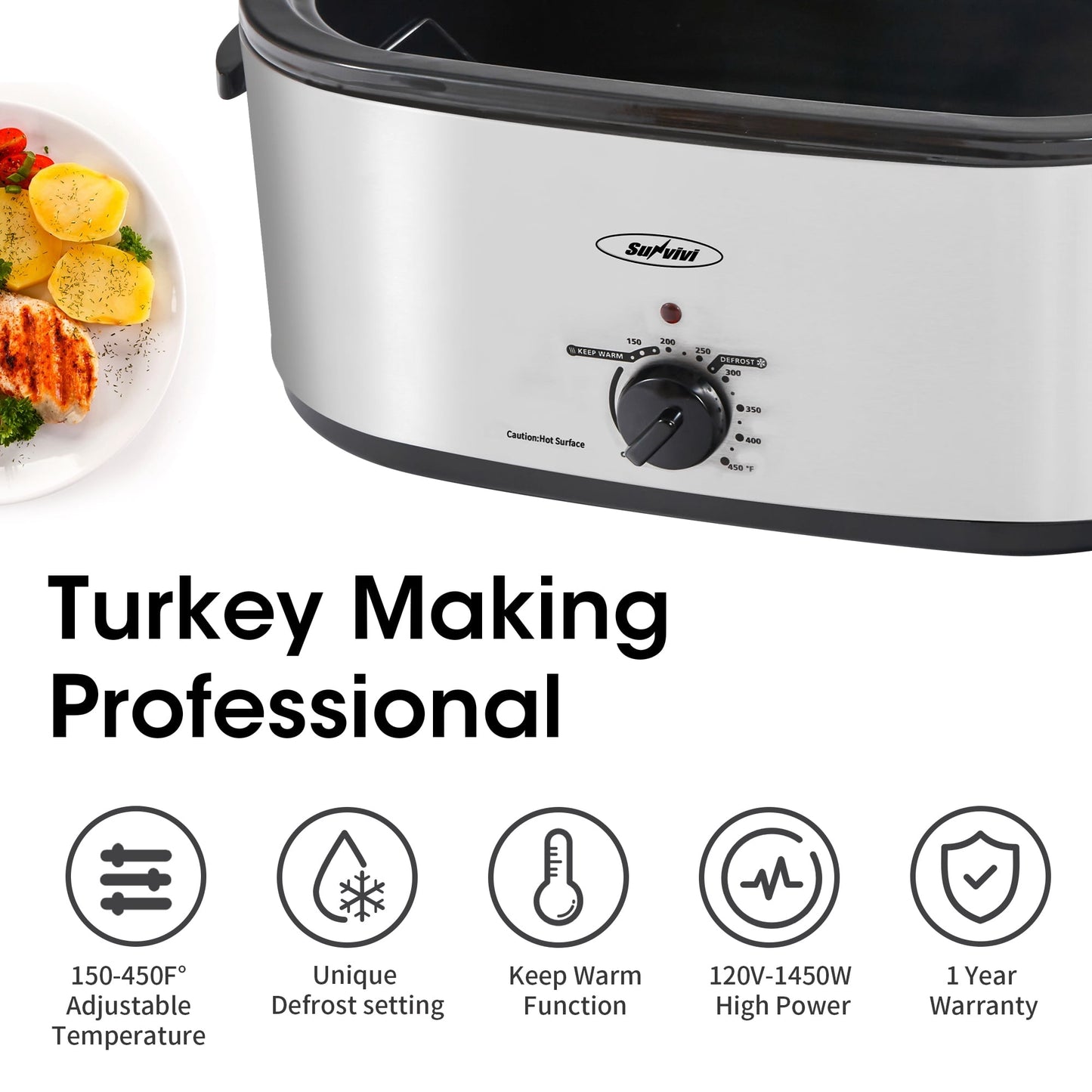 RoyalCraft 20 Quart Electric Roaster Oven with Self-Basting Lid, Stainless Steel, Silver