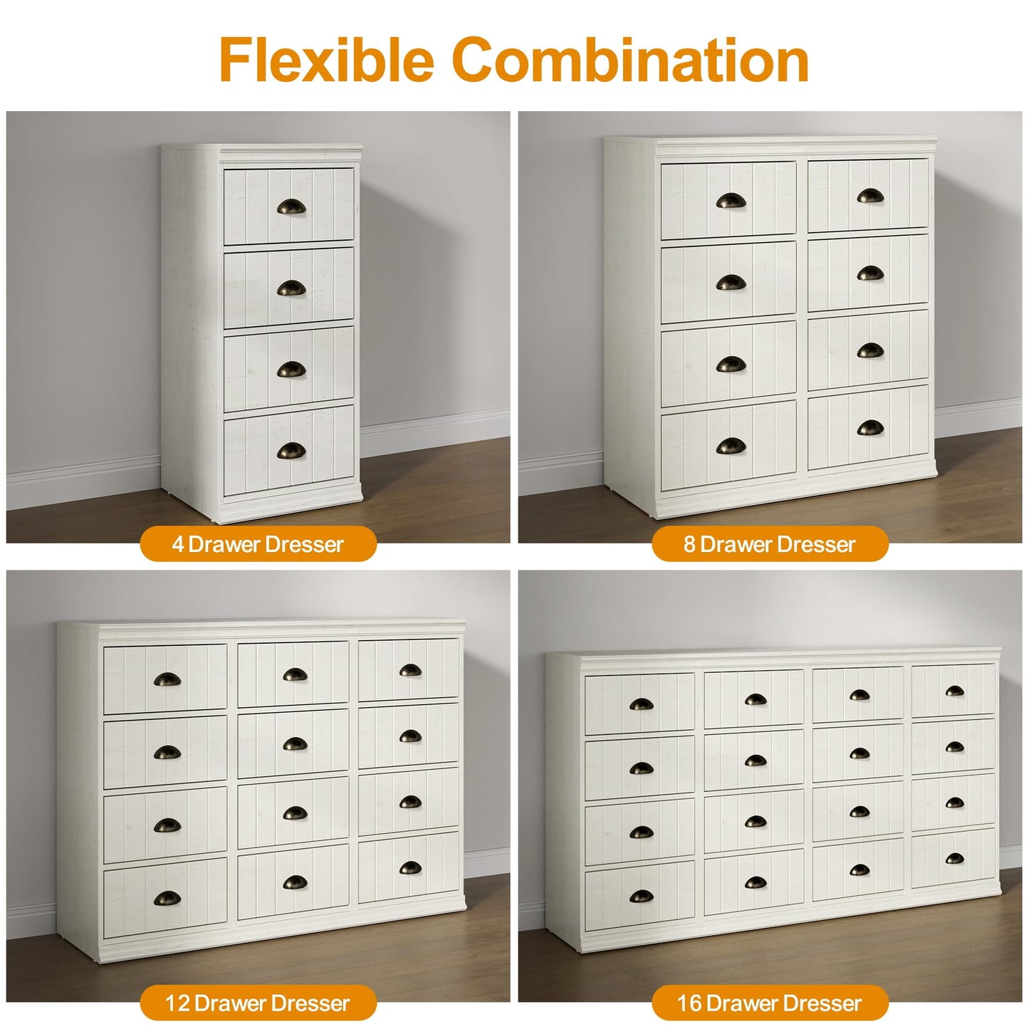 CozyHome Fluted Dresser Set of 4, White 4 Drawer Dresser with Bronze Metal Handles, Modern Dresser Organizer with Soft-Close Drawers, Chest of Drawers for Bedroom, Living Room, Entryway