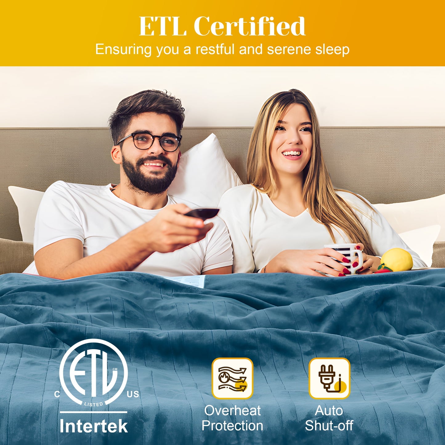 RoyalCraft Electric Heated Blanket, 84" x 62" Twin Size Electric Blanket with 10 Heating Levels and 12 Hours Auto-Off, Soft Flannel and Sherp Blanket with ETL & FCC Certification, Blue