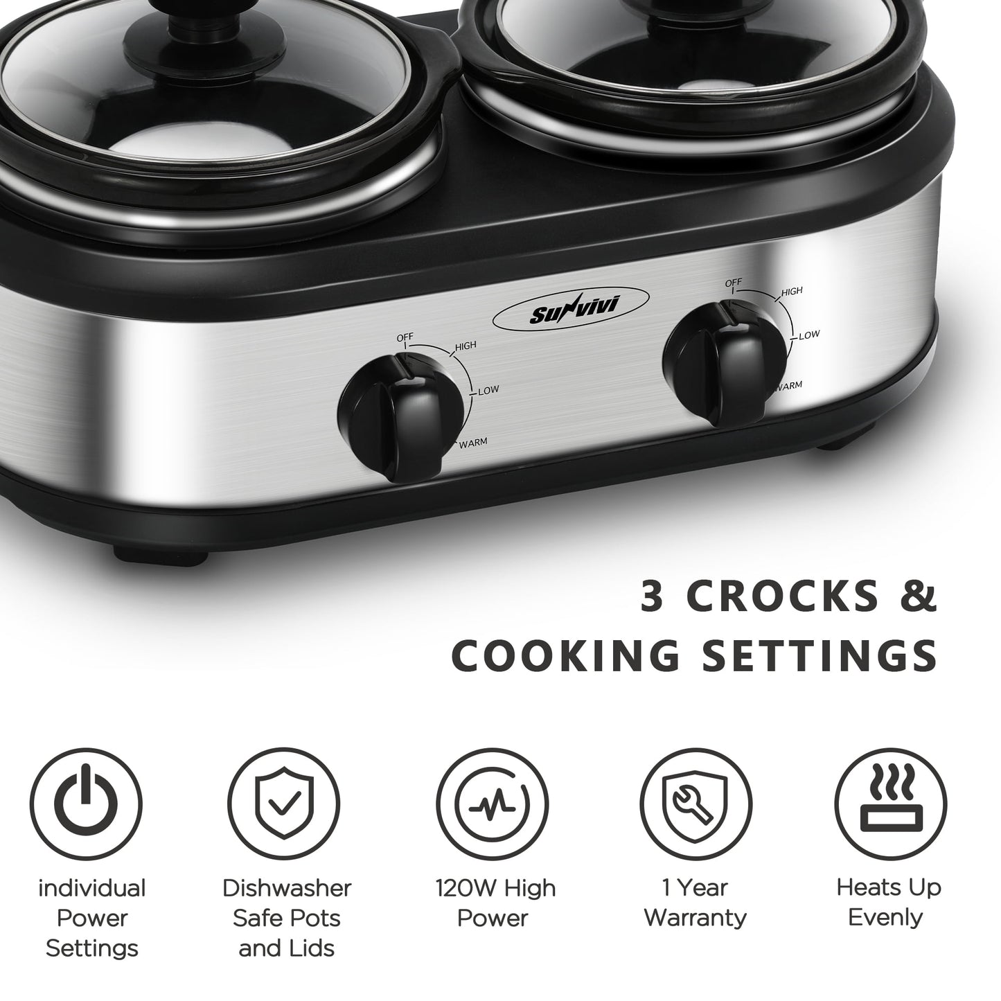 Royalcraft Double Slow Cooker, 2 Pot 1.25 Quart Oval Crock Food Warmer Buffet Server, Stainless Steel