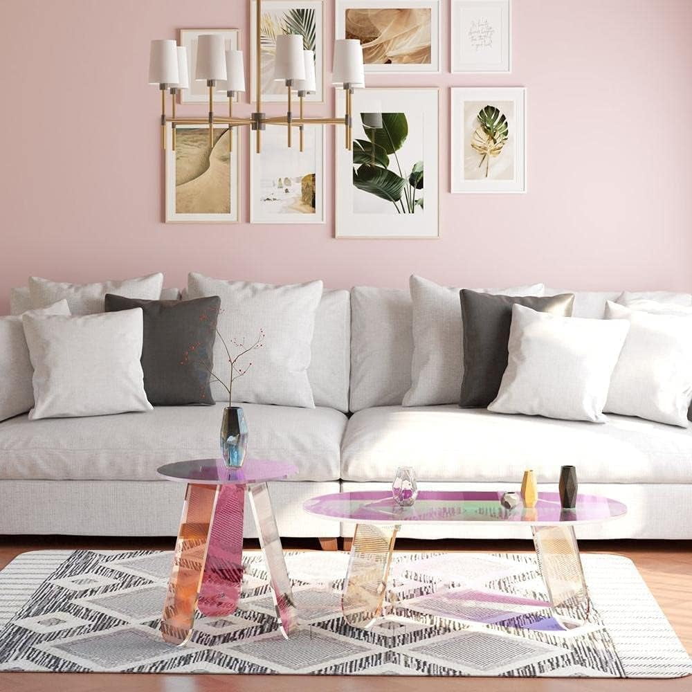 Royalcraft Acrylic Coffee Table, 47.2¡± Large Iridescent Table with PVC Mat, Modern Lucite Coffee Table for Living Room Office Shop Decor, Oval Coffee Table