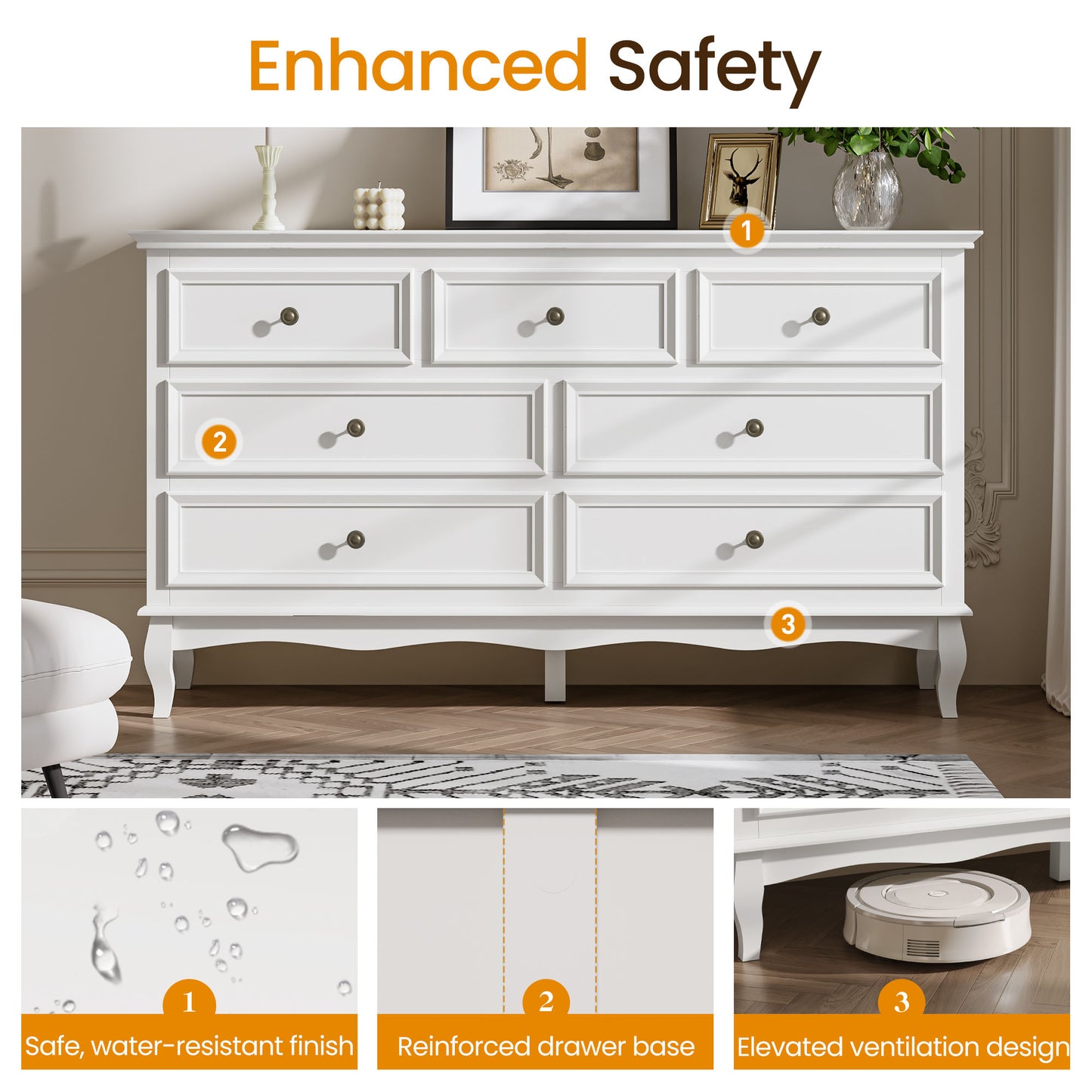 Dresser for Bedroom, 7 Drawers Dresser with Distinctive Wooden Legs & Black Paint Finish, Black Drawer Dresser with Spacious Storage Space for Bedroom, Living Room, Hallway