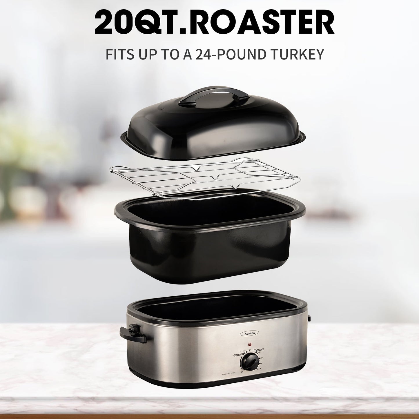 RoyalCraft 20 Quart Electric Roaster Oven with Self-Basting Lid, Stainless Steel, Silver