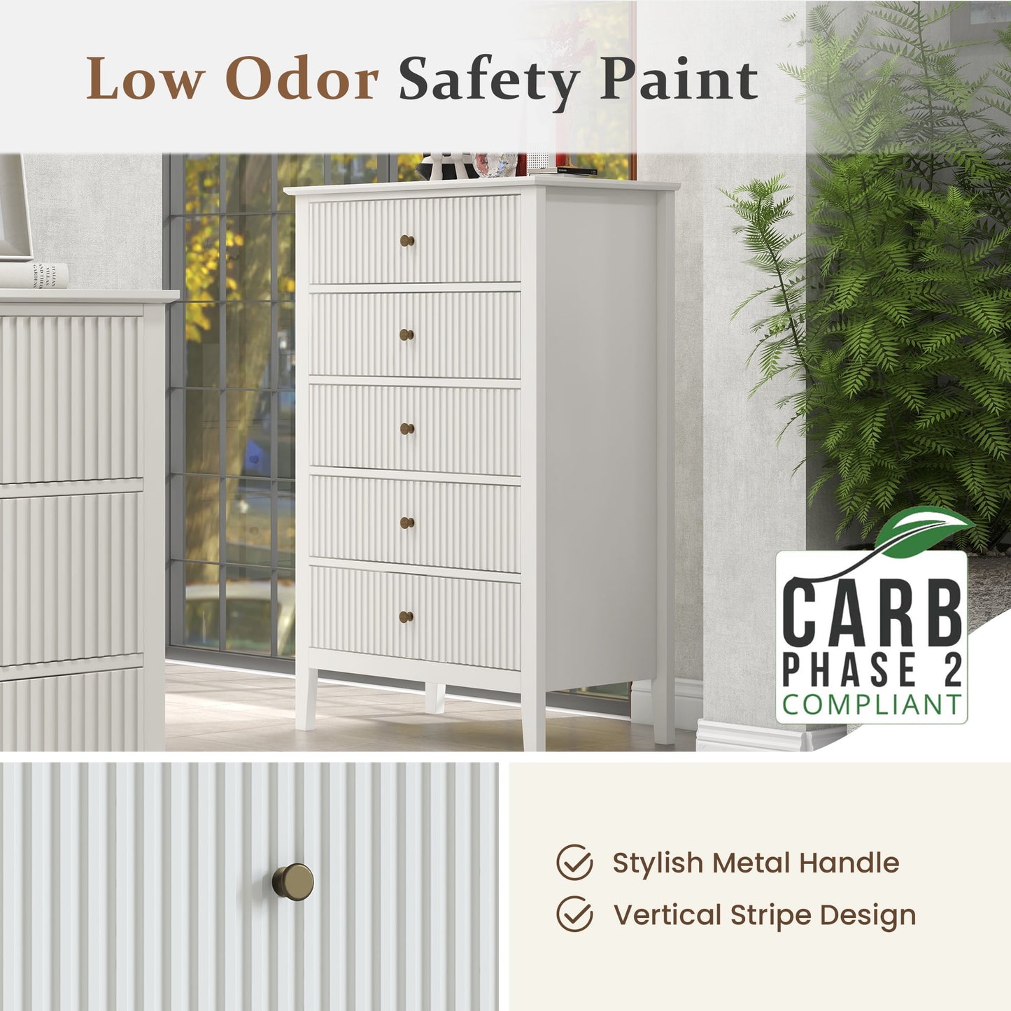 RoyalCraft Fluted 5 Drawers Dresser for Bedroom, Tall Chest of Drawer with Silent Slide Drawers, Modern Wood Storage Cabinet Organizer for Living Room, Hallway, Entryway, White