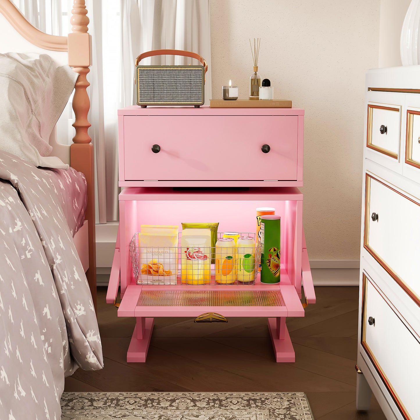 RoyalCraft White Nightstand with LED Light Strips, Modern End Table with 360° Rotating Drawer, Bedside Table with Glass Door Storage, Wood Night Stand Cabinet for Living Room, Bedroom, Nursery