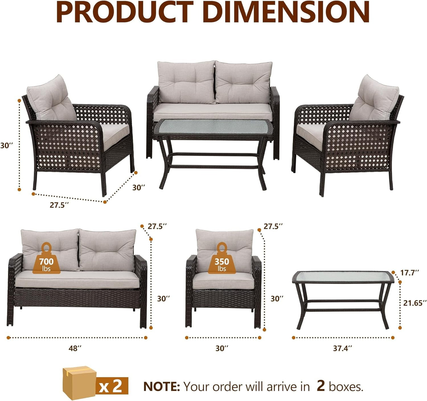 CozyHom 4-Piece Patio Furniture Set, Outdoor Rattan Chair Wicker Conversation Sets with Cushions and Glass Coffee Table, for Porch Balcony Garden Backyard Deck