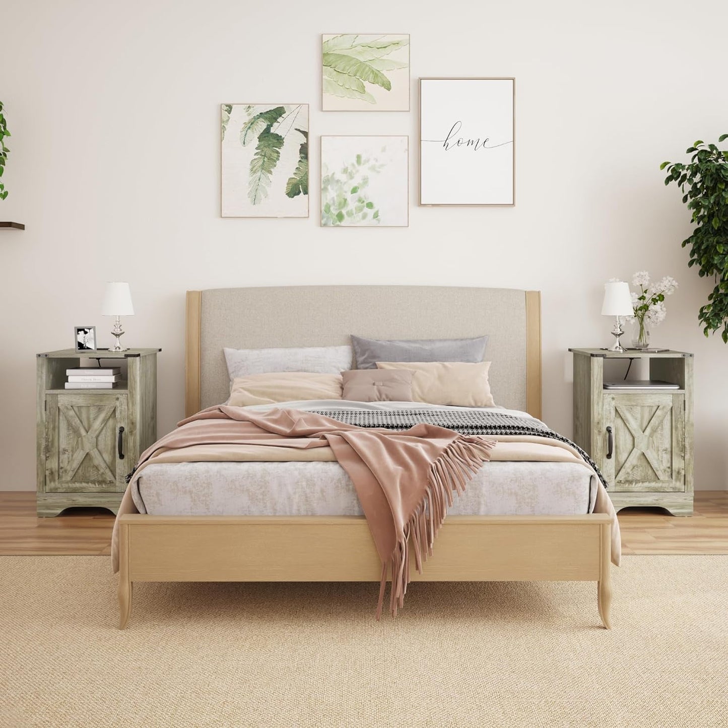 RoyalCraft Farmhouse Nightstand Set of 2, Tall Bedside Table with Charging Station, Wooden Rustic End Table with Large Storage Cabinets Room and Shelf for Bedroom, Living Room,Warm Grey farmhouse nightstand