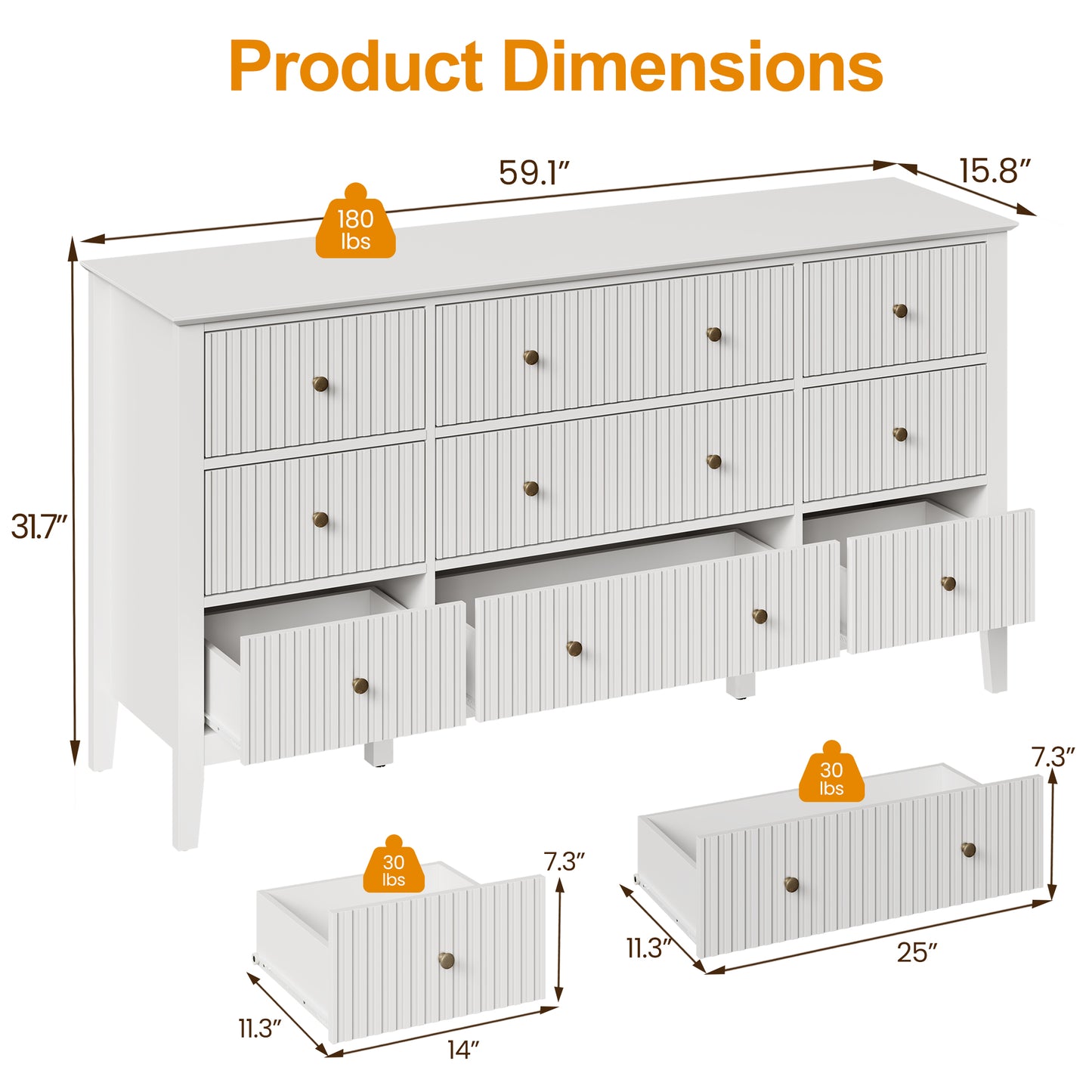 Royalcraft Fluted 9 Drawer Dresser, 59'' Wide Modern Chest of Drawers with Metal Handles, Wooden TV Stand Storage Organizer for Bedroom, Living Room, Entryway, White