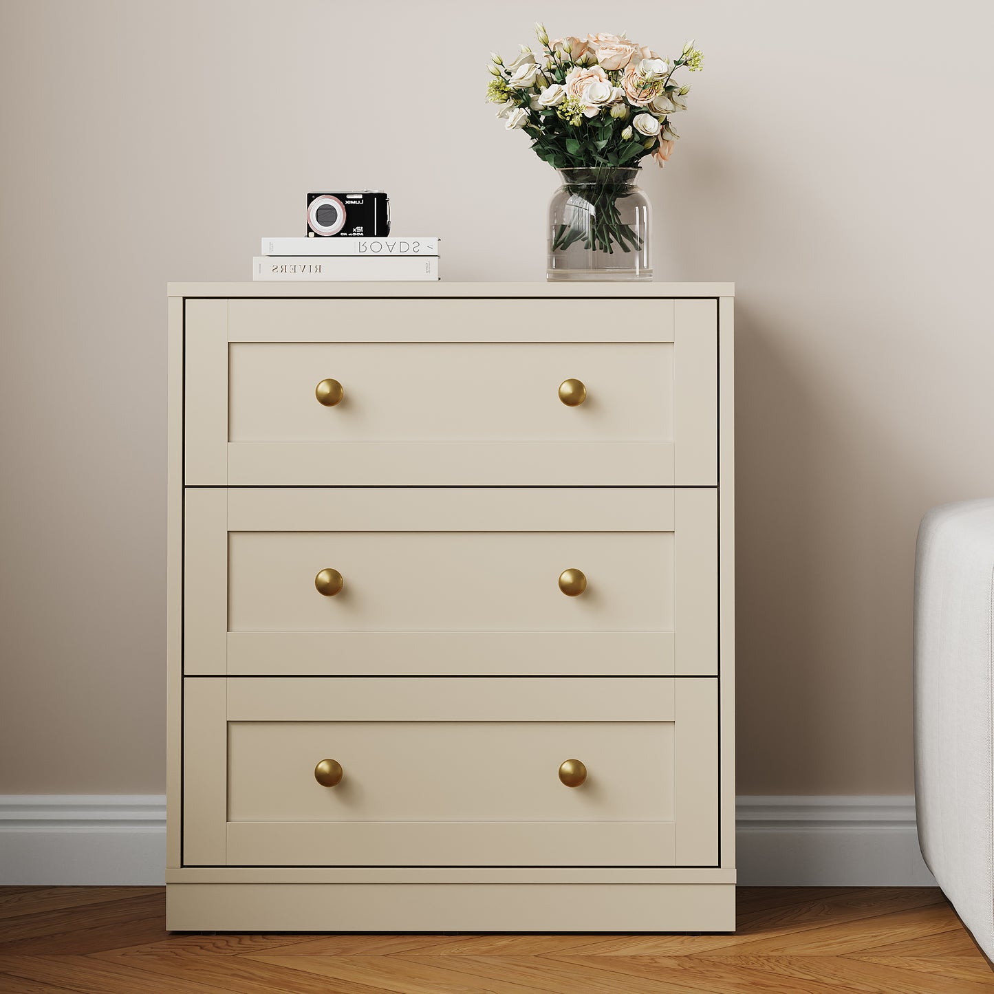Royalcraft 3 Drawer Nightstand, Large Bedside Table with Golden Round Knobs, Modern Wood End Table, Accent Side Table Chest of Drawers for Bedroom, Living Room, Hallway, Closet