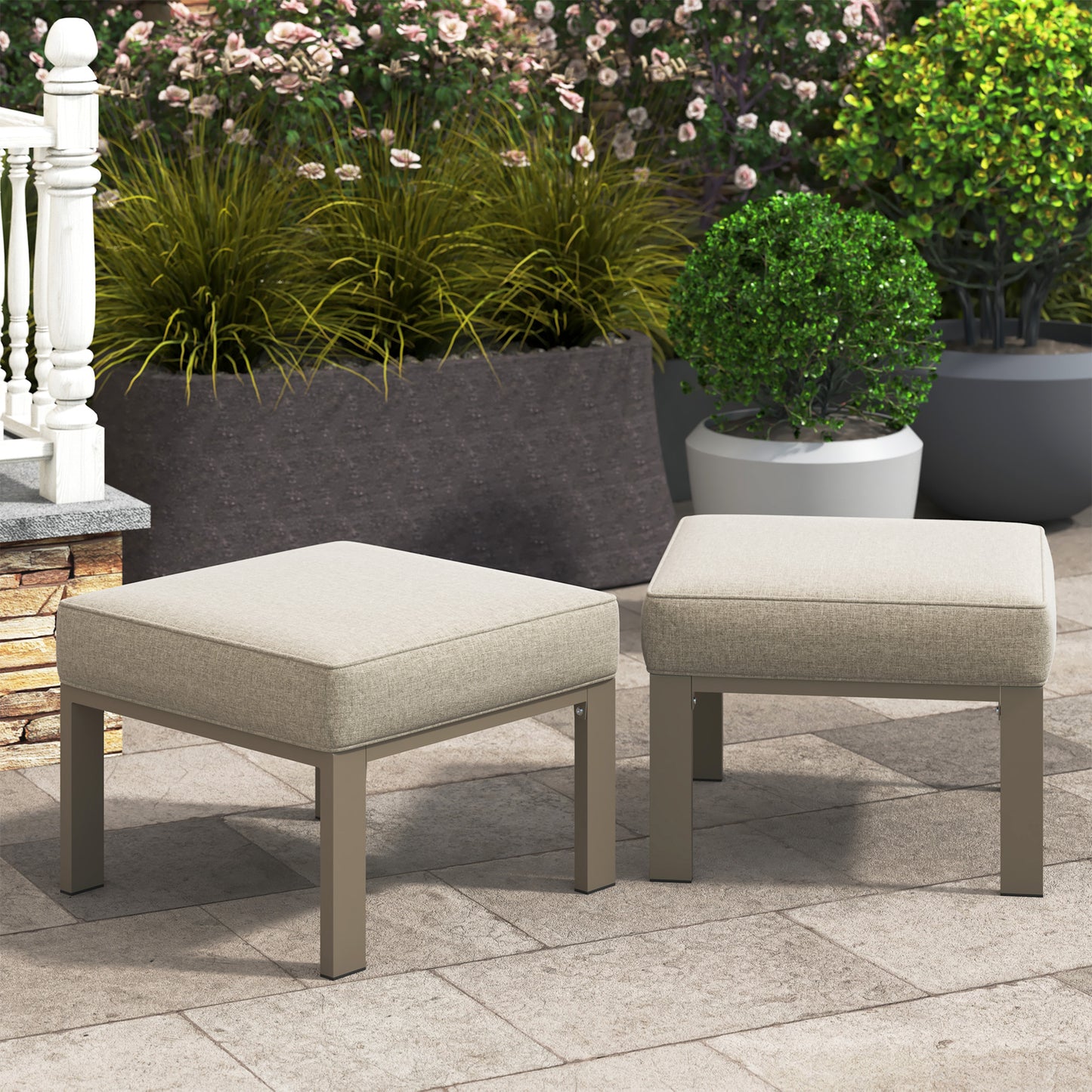 Royalcraft Patio Furniture Footstools Metal Ottomans Set of 2, Metal Outdoor Ottomans with Upgraded Cushions, All-weather Outdoor Footrest Seat for Balcony, Garden, Deck, Backyard, Black