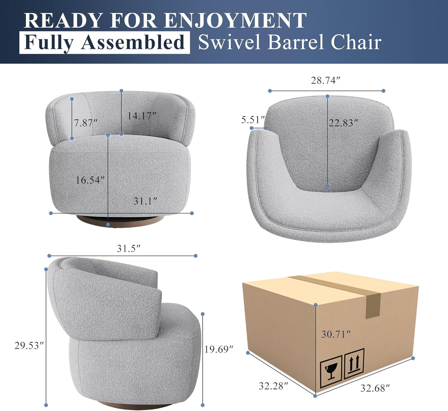 RoyalCraft Swivel Accent Chair, Fully Assembled Round Barrel Chairs, Oversized Upholstered Armchair with 360-Degree Base, Modern Club Chair for Living Room, Bedroom, Office, Grey