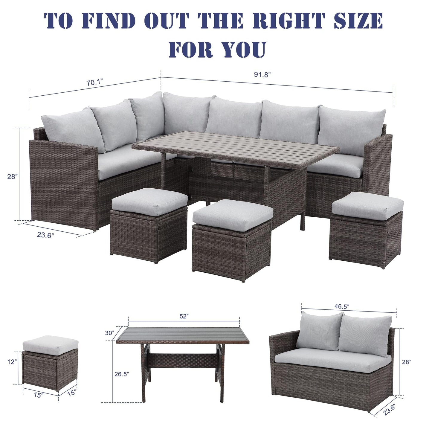 Royalcarft 7 Pcs Outdoor Conversation Set All Weather Wicker Sectional Sofa Set Dining Table Chair and Ottoman,Steel Frame,Gray