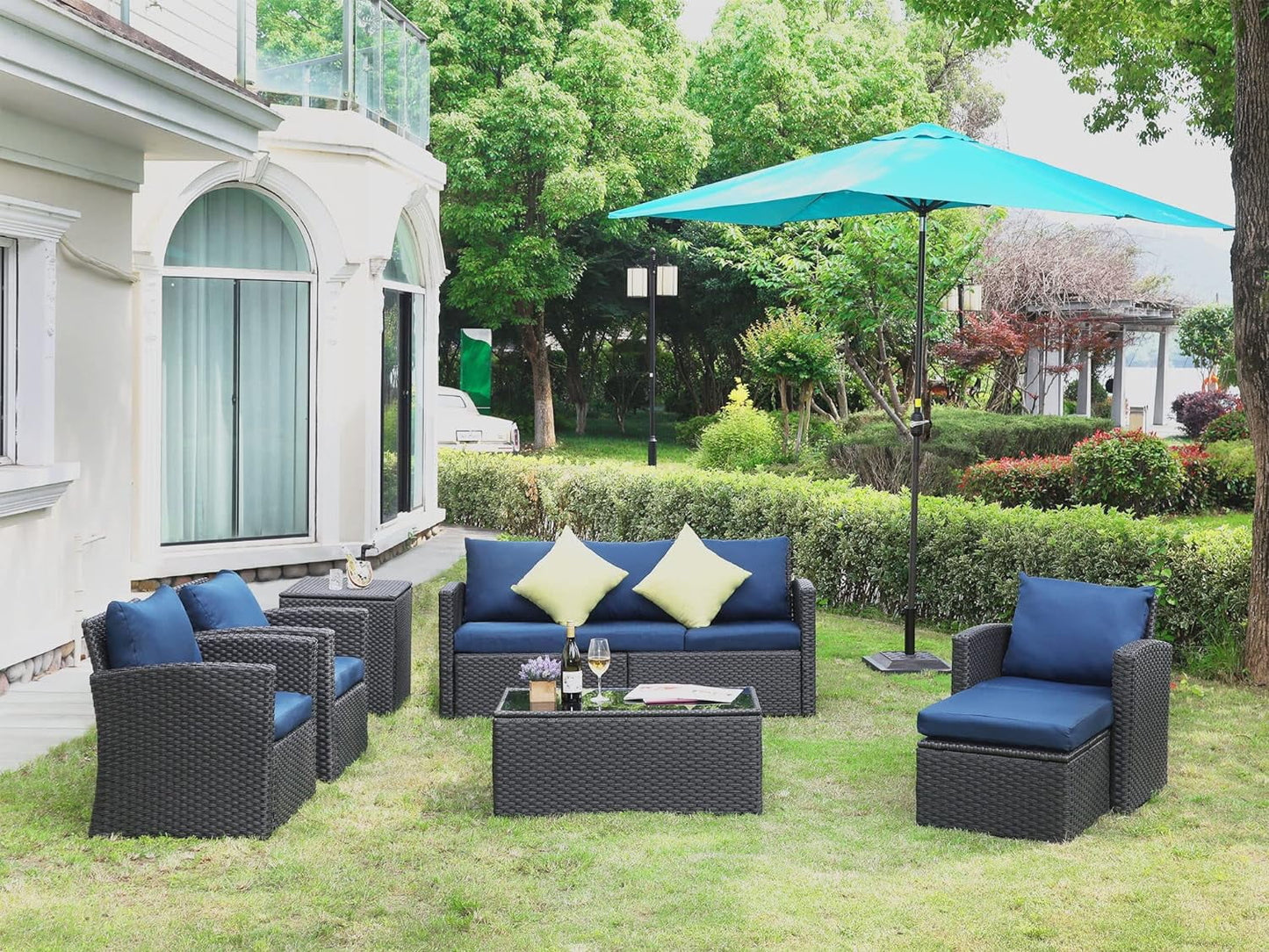 Royalcraft 9 Pieces Patio Furniture Set, All Weather PE Wicker Rattan Outdoor Sectional Sofa with Coffee Table and Navy Blue Cushion, Outdoor Furniture for Lawn Backyard Poolside Porch