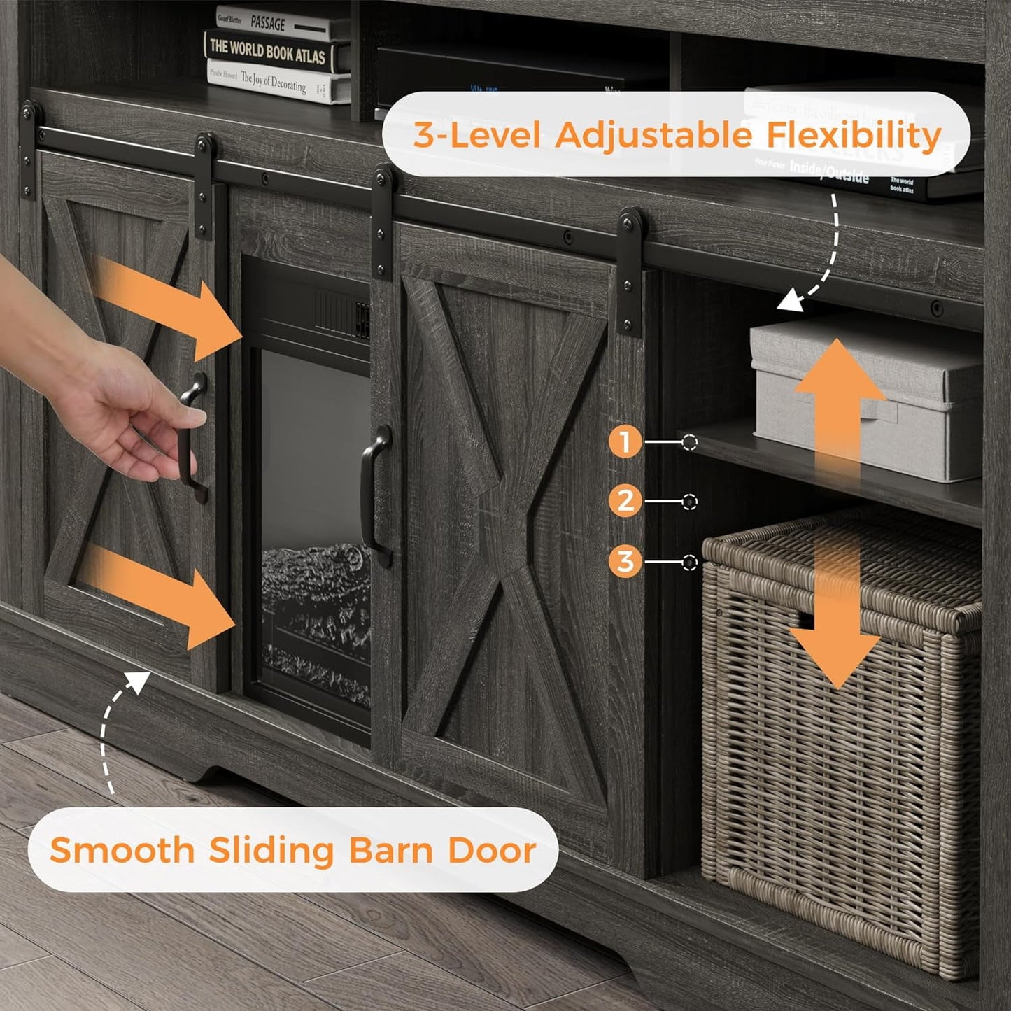 Mayincolor Fireplace TV Stand for 65+ inch, Farmhouse Entertainment Center with 23" Electric Fireplace with Remote, Modern Rustic TV Console Storage Cabinet with Sliding Bar Door , Dark Grey
