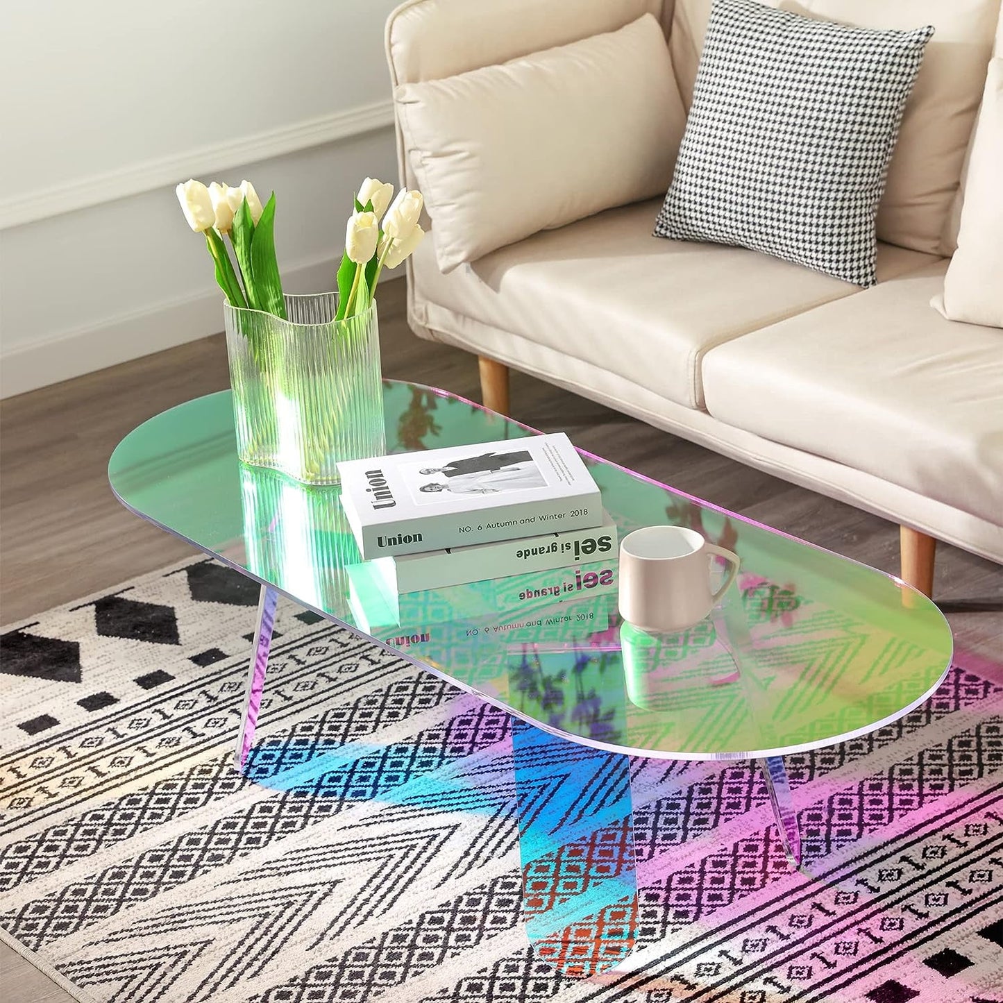Royalcraft Acrylic Coffee Table, 47.2¡± Large Iridescent Table with PVC Mat, Modern Lucite Coffee Table for Living Room Office Shop Decor, Oval Coffee Table