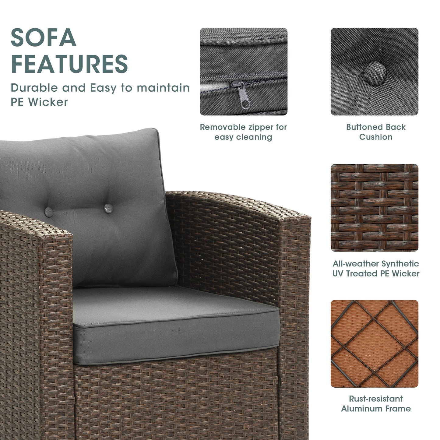 Royalcraft 7-Piece Patio Furniture with Waterproof Outdoor Coffee Table, Lightweight Aluminum Frame, Ergonomic Design, All-Weather Wicker Rattan, Non-Slip Cushions, Brown Wicker and Beige Cushion