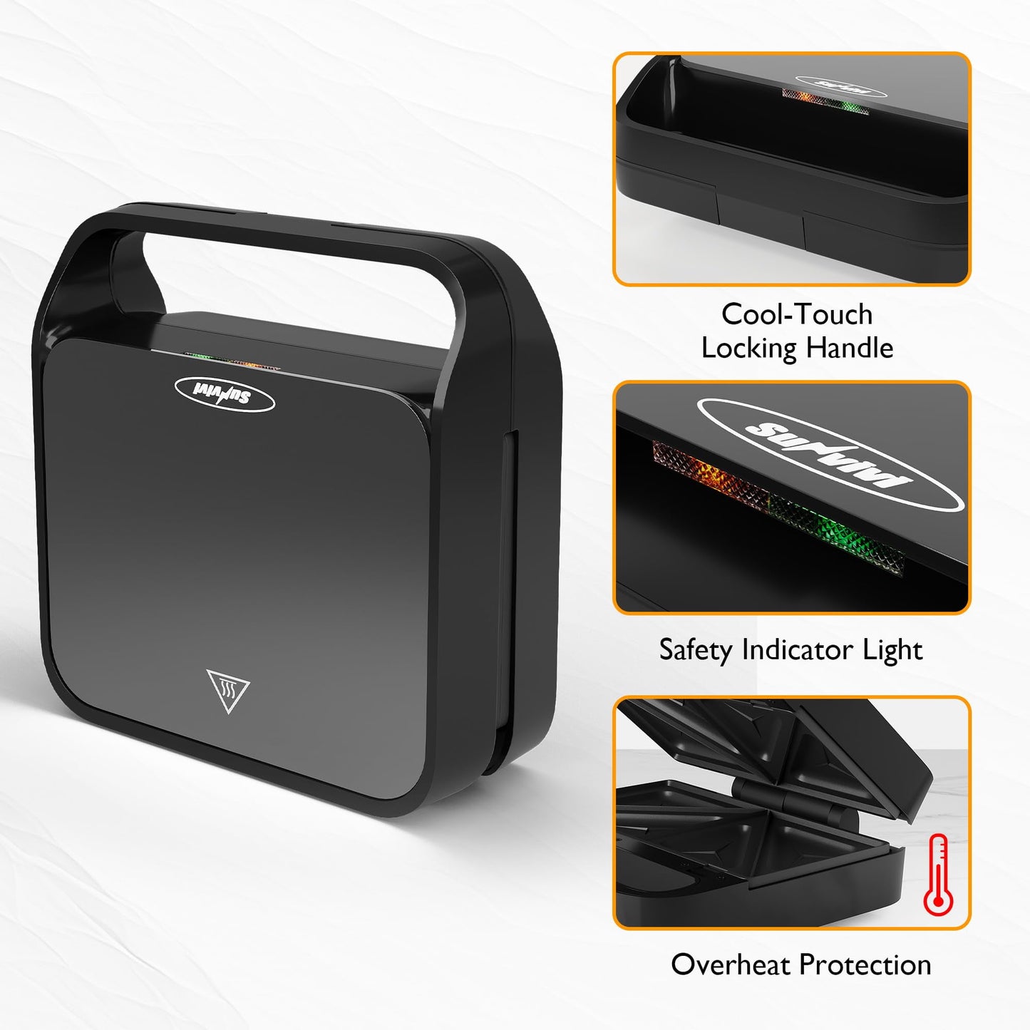 Royalcraft 3 in 1 Sandwich Maker, Electric Waffle Maker with Removable Non-stick Plates, 850W Panini Press Grill with Glass Top, Cool Touch Handle & Easy to Clean, Black