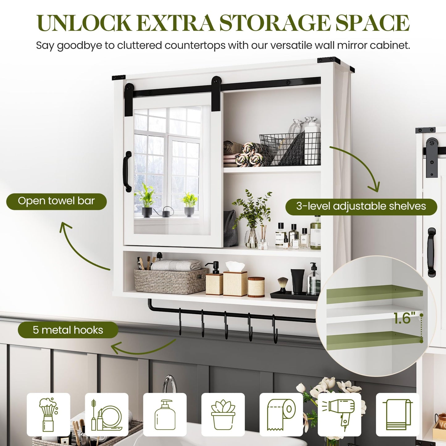 RoyalCraft 28in Bathroom Cabinet Wall Mount with Sliding Mirror Door, Over The Toilet Storage Cabinet, Farmhouse Medicine Cabinet with Shelves and Towel Bar for Living Room, 28" W x 29" H, White