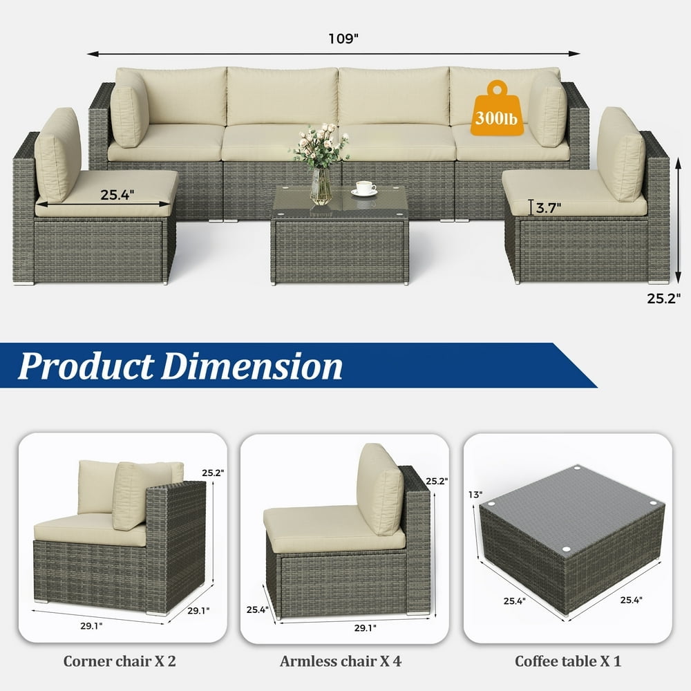 Royalcraft 7 Pieces Patio Furniture Sets, All-Weather PE Grey Wicker Outdoor Rattan Sectional Sofa, Patio Sofa Couch with Table and Beige Cushions