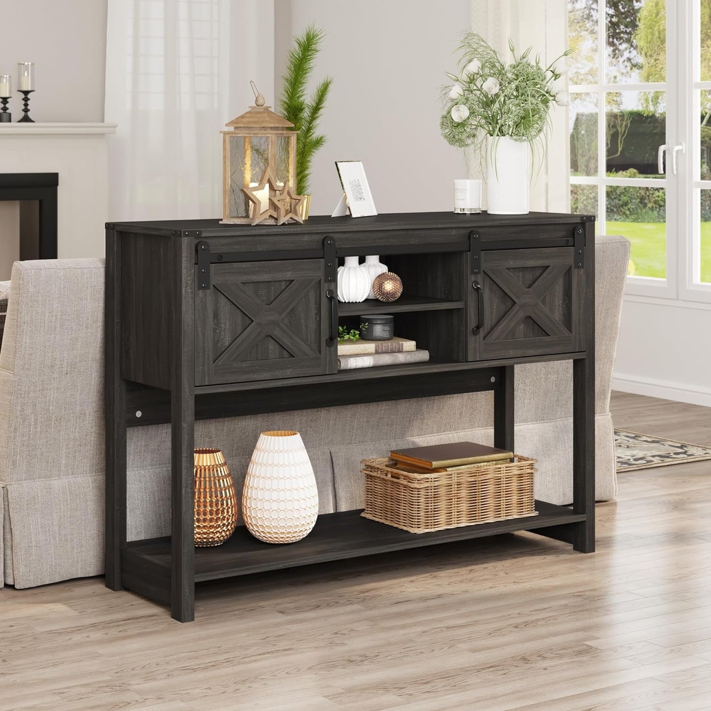 Royalcraft Entryway Table with Storage, 46" Modern Farmhouse Console Table with Sliding Barn Door, Wood Rustic Sofa Table with Adjustable Shelf for Hallway, Living Room, Foyer, White and Rustic Oak