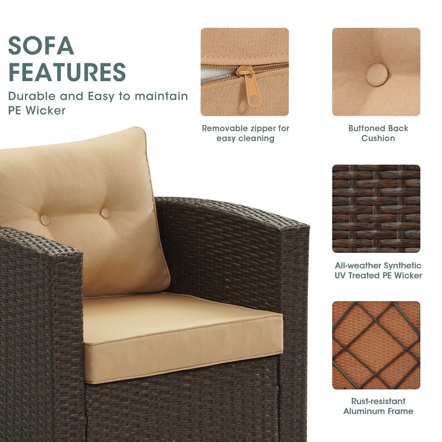 Royalcraft 7-Piece Patio Furniture with Waterproof Outdoor Coffee Table, Lightweight Aluminum Frame, Ergonomic Design, All-Weather Wicker Rattan, Non-Slip Cushions, Brown Wicker and Beige Cushion