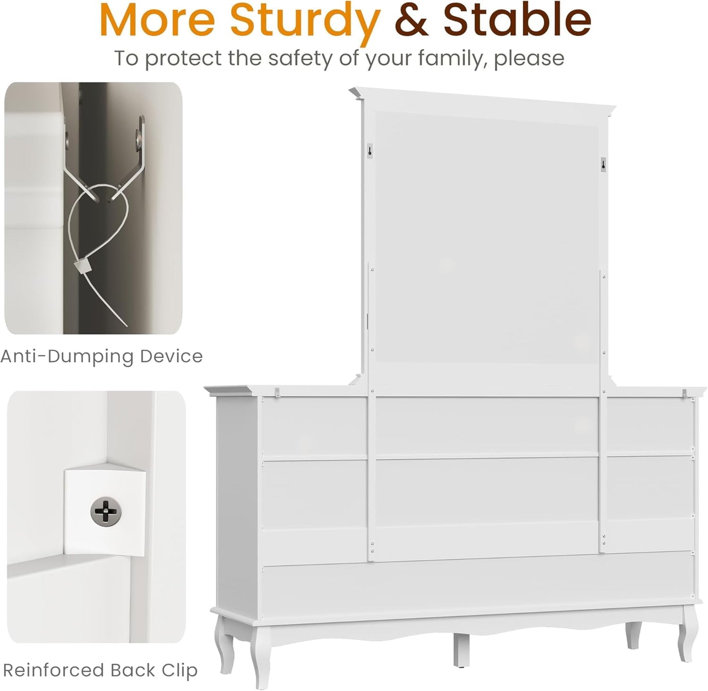 RoyalCraft White 7 Drawer Dresser with Mirror, Large Chest of Drawers for Bedroom, Modern Wood Dresser with LED Mirror for Bedroom, Living Room, White