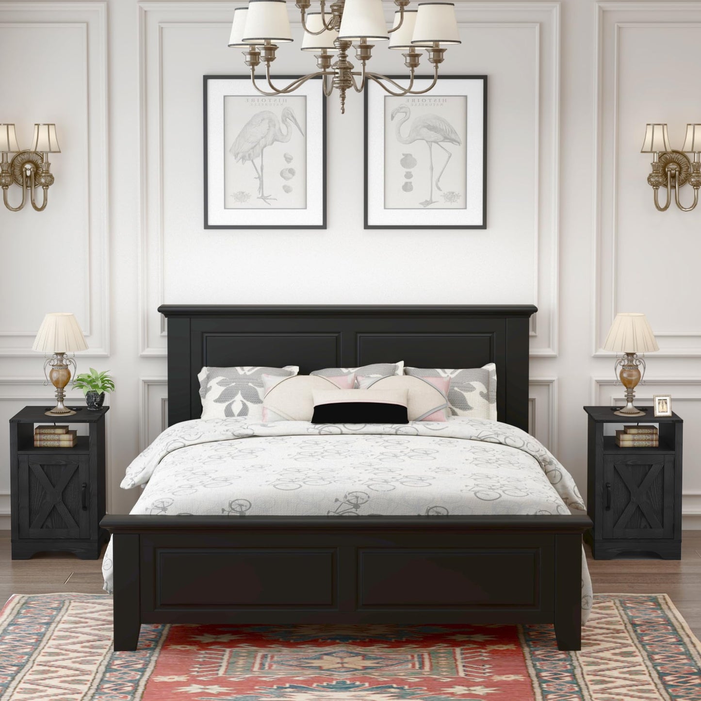 RoyalCraft Farmhouse Nightstand Set of 2 with Charging Station, Wooden End Table, Rustic Night Stand with Storage Cabinet and Shelf, Tall Bedside Table for Bedroom, Living Room, Black