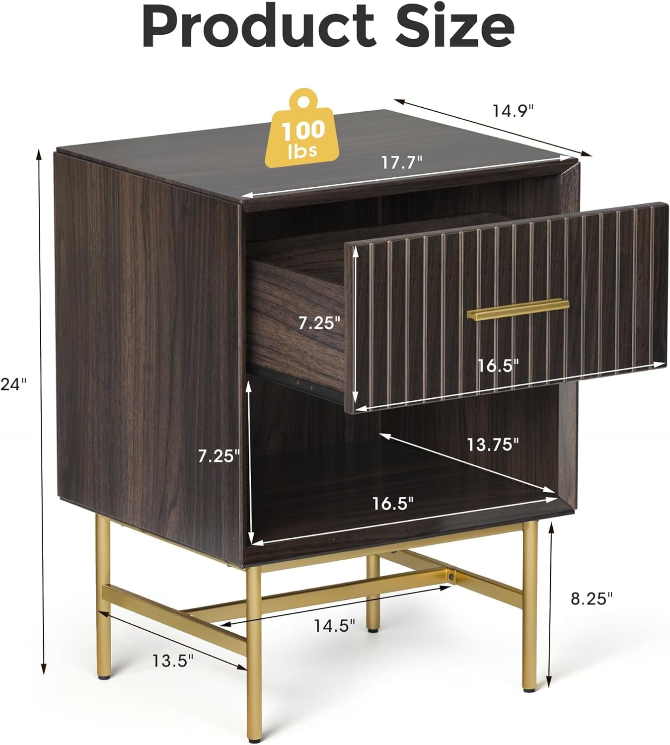 Royalcraft Nightstands set of 2, Wood Side Table with 2 Drawers, 2-Tier End Table with Adjustable Feet and Metal Leg, Modern Night Stands Cabinet for Bedroom, Living Room, Home Office, Charcoal Walnut