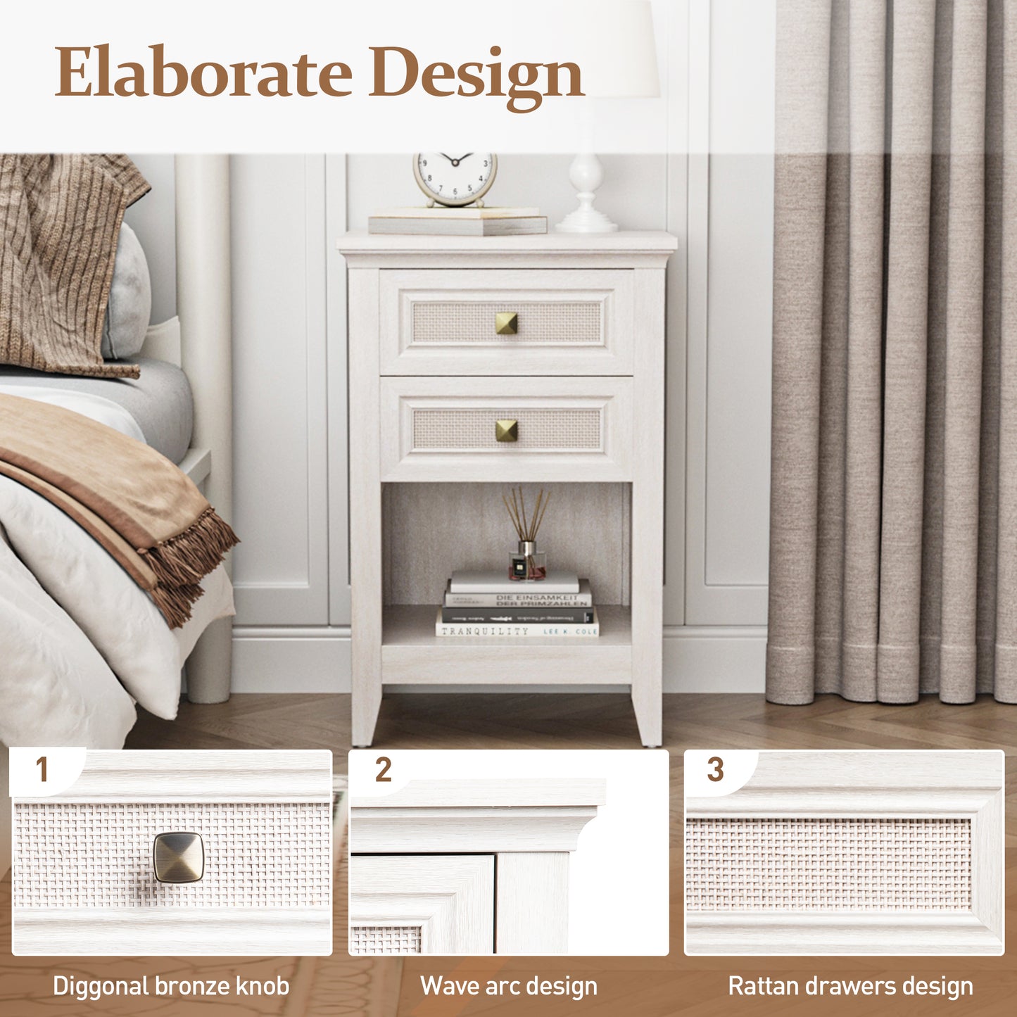 Royalcraft Farmhouse Nightstand, Boho Bedside Table with 2 Rattan Decor Drawers, Accent End Table with Open Storage Shelf, Wood Bedside Unit for Bedroom, Living Room, Home Office, Grayish White