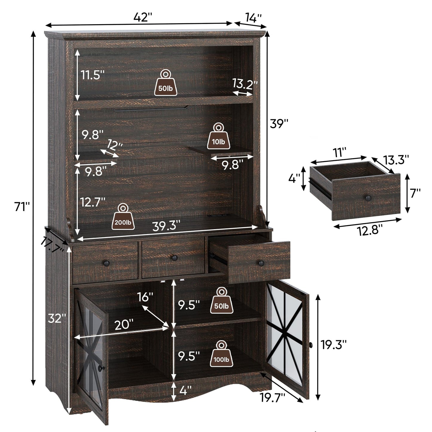 CozyHome Kitchen Hutch Storage Cabinet w/Power Outlet, 71” Tall Pantry Cabinet w/LED and Wine Glasses Rack, Farmhouse Coffee Bar Cabinet w/Drawers for Dining Room, Dark Rustic Oak