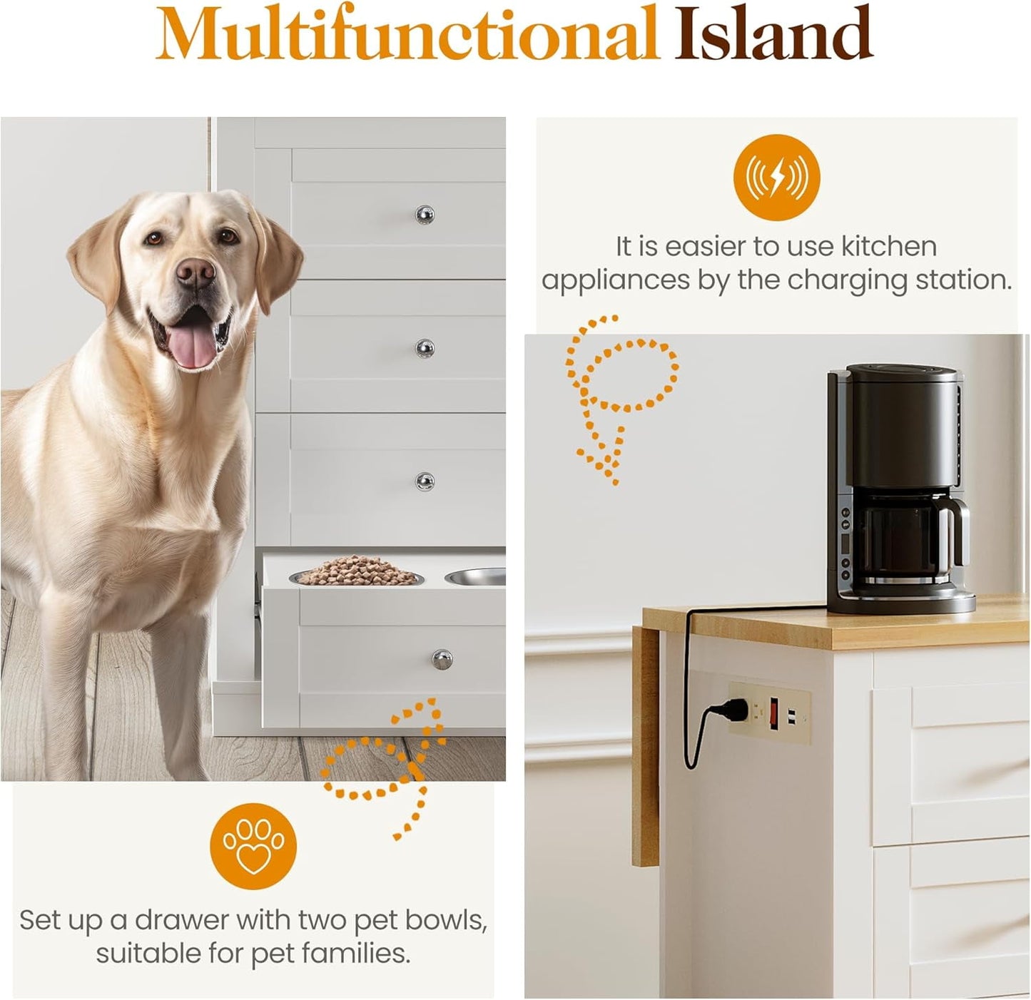 RoyalCraft 59" Large Kitchen Island with Power Outlet, Farmhouse Thick Table Top Drawer, Organized Storage Space with Rubber Wood Drop-Leaf Countertop, White & Oak
