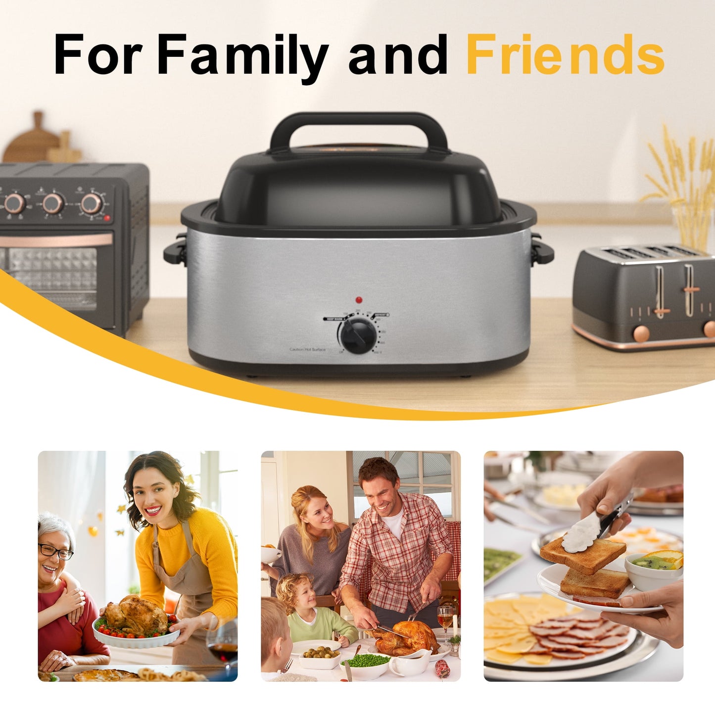 RoyalCraft 24 Quart Electric Roaster Oven with Visible & Self-Basting Lid, Stainless Steel, White