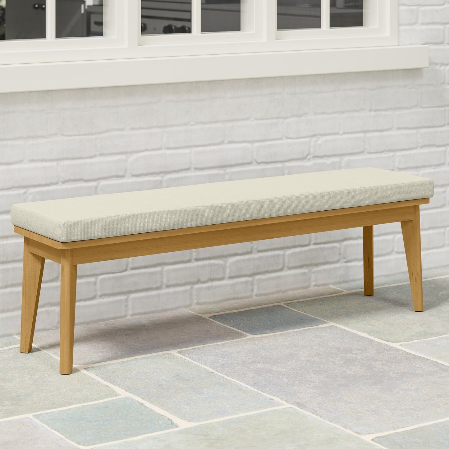Heynemo Acacia Patio Bench Set of 2, Upholstered Bench with Thick Cushion, Modern Wood Outdoor Dining Bench for Porch, Backyard, Garden, Indoor, Beige