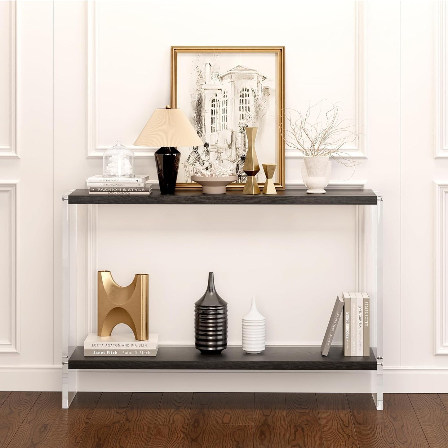 Acrylic Console Table, 47.24" Modern Entryway Table with Storage Shelf, Clear Acrylic Doorway Table, 2-Tier Sofa Table for Living Room, Bedroom, Hallway, and Dining Room (Black)
