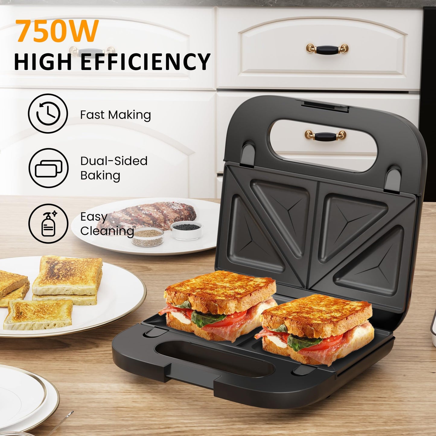 Royalcraft Sandwich Maker, Panini Press Grill and Waffle Iron Set, 3 in 1 Electric Sandwich Press with Removable Non-Stick Plates, Indicator Lights & Cool Touch Handle 750W