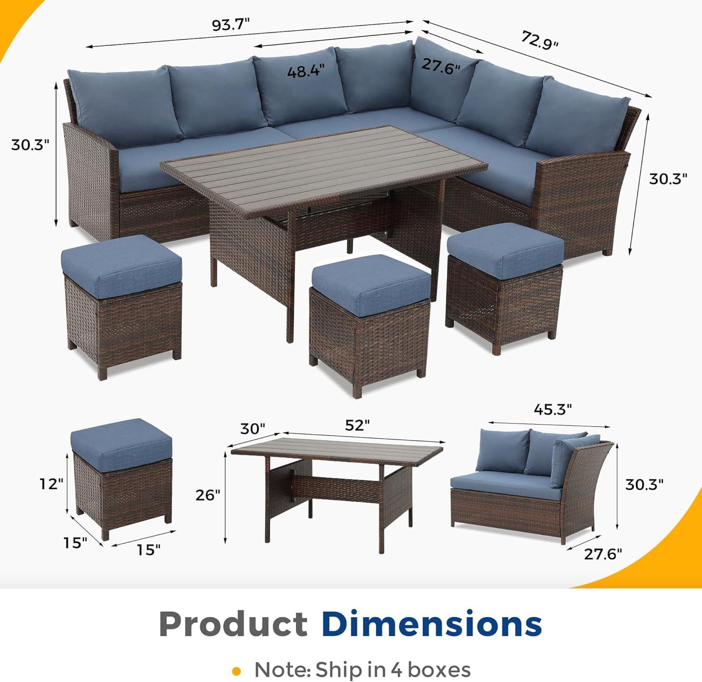 RoyalCraft Patio Furniture Set, 7 Piece High Curved Back Outdoor Dining Sectional Sofa with Dining Table and Chair, All Weather Wicker Conversation Set with Ottoman