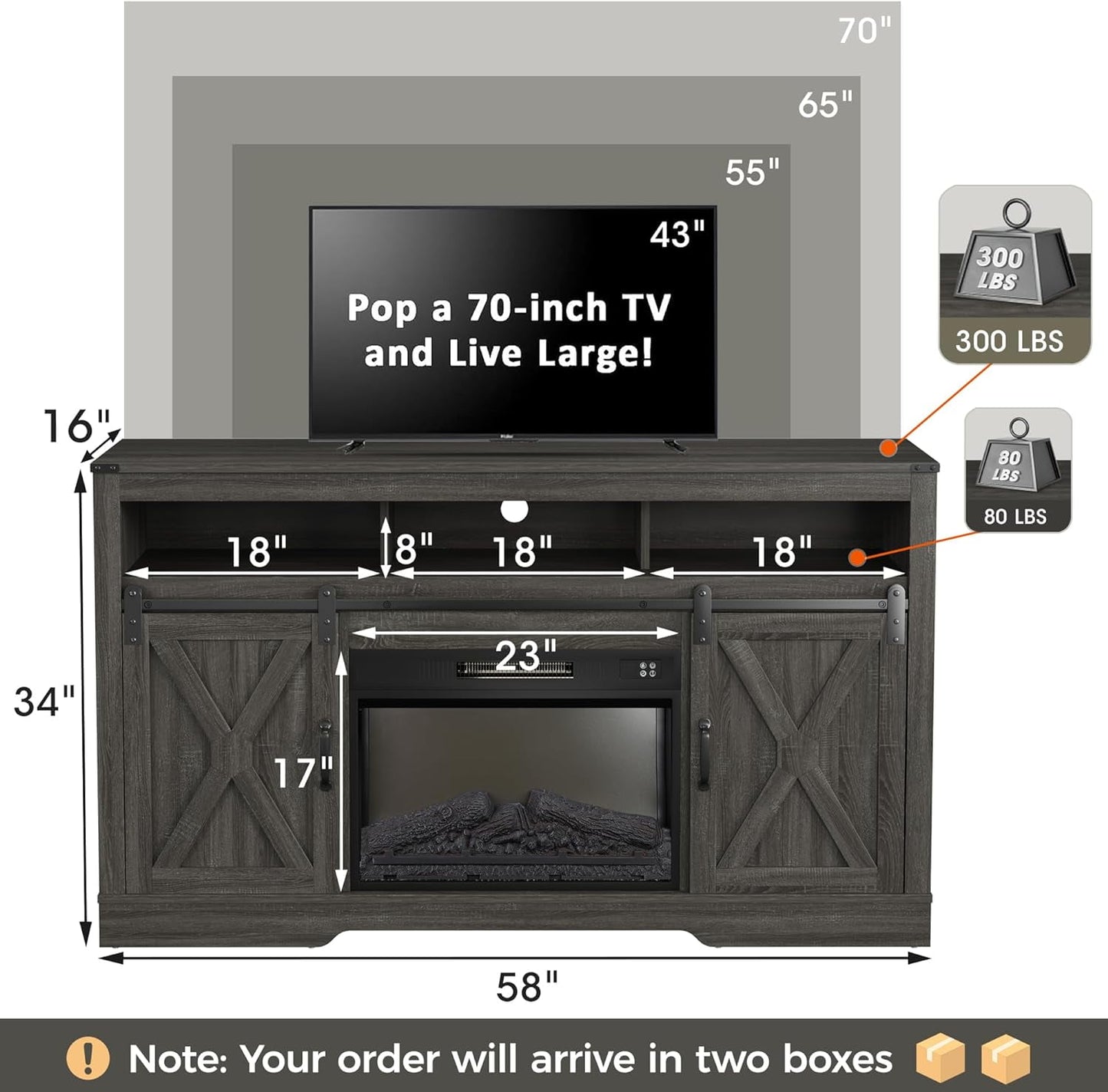 RoyalCraft Farmhouse Fireplace TV Stand for 65+ Inch TV, Entertainment Center with 23" Electric Fireplace with Remote, Modern Rustic TV Console with Sliding Bar Door for Living Room