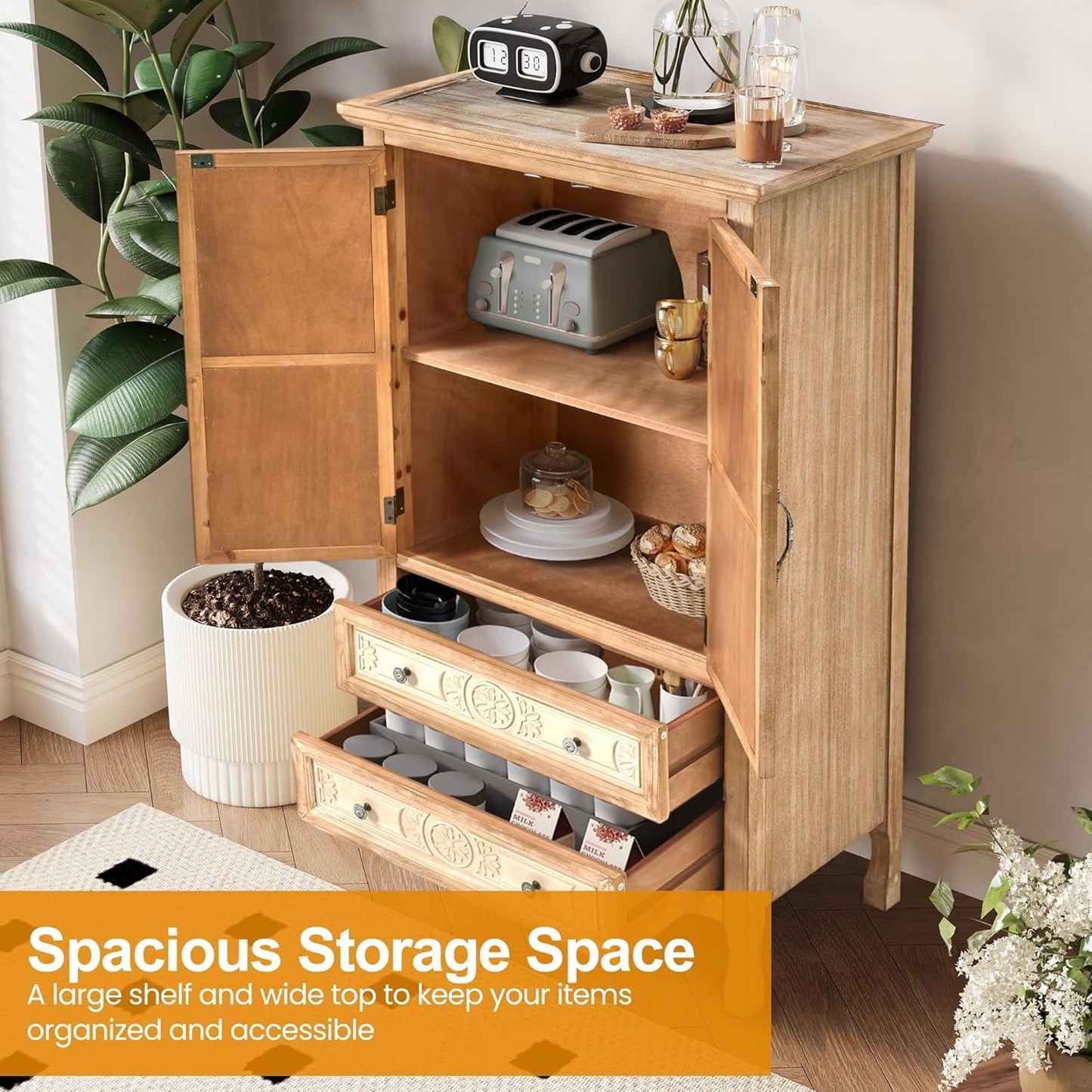 RoyalCraft Kitchen Pantry Storage Cabinet with 2 Doors and 2 Drawers, 48'' Tall Pantry Cabinet, Wood Storage Cabinet for Kitchen, Dining Room, Living Room