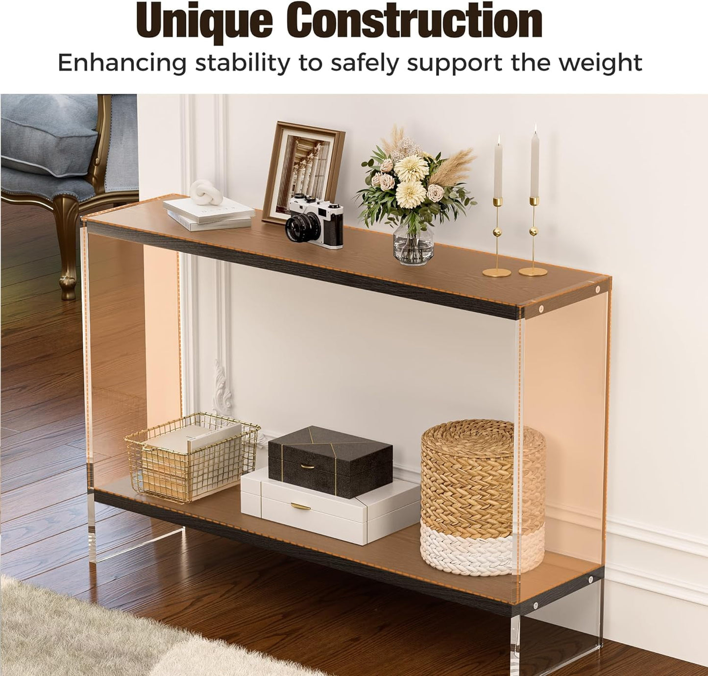 Acrylic Console Table, 47.24" Modern Entryway Table with Storage Shelf, Clear Acrylic Doorway Table, 2-Tier Sofa Table for Living Room, Bedroom, Hallway, and Dining Room (Black)